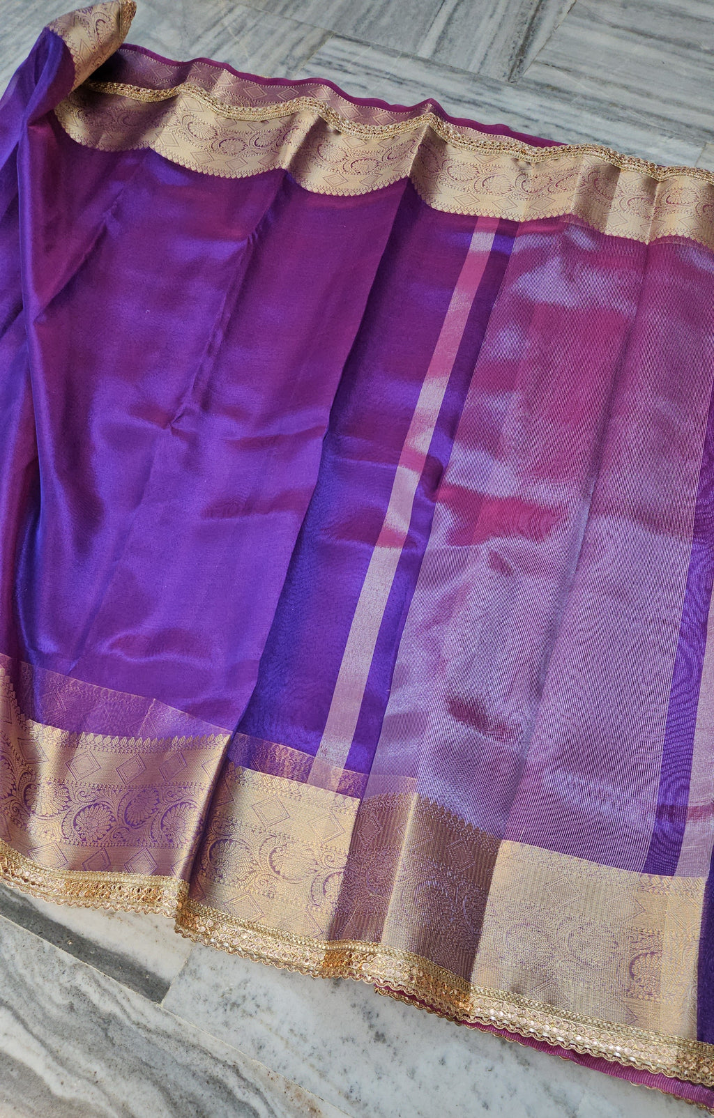 Glow Purple Riwaayat premium tissue faux mirror lace work Banarasi Saree