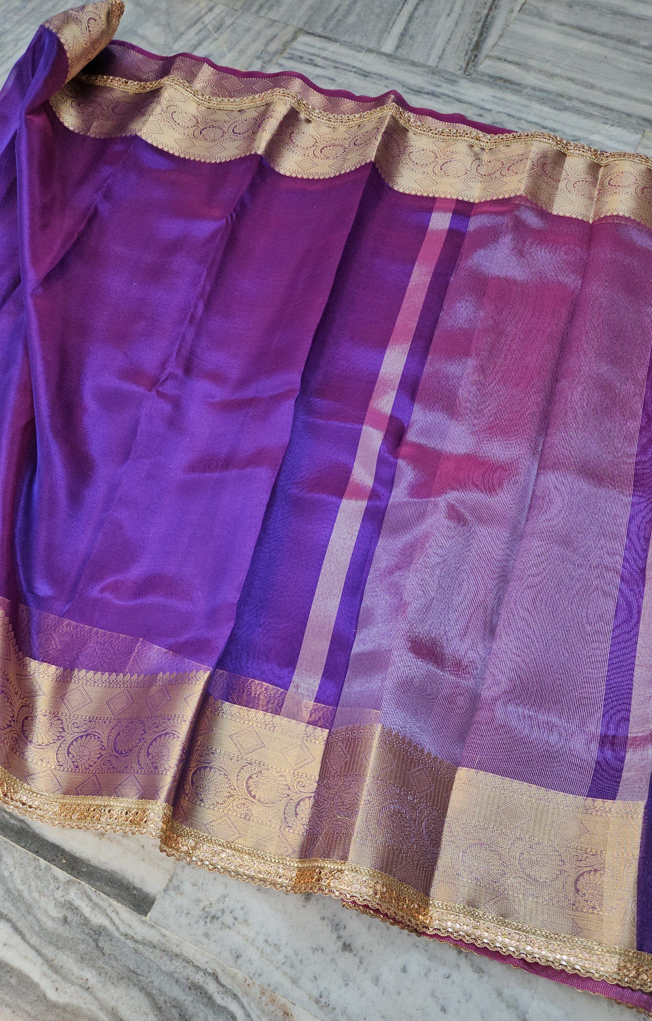 Glow Purple Riwaayat premium tissue faux mirror lace work Banarasi Saree