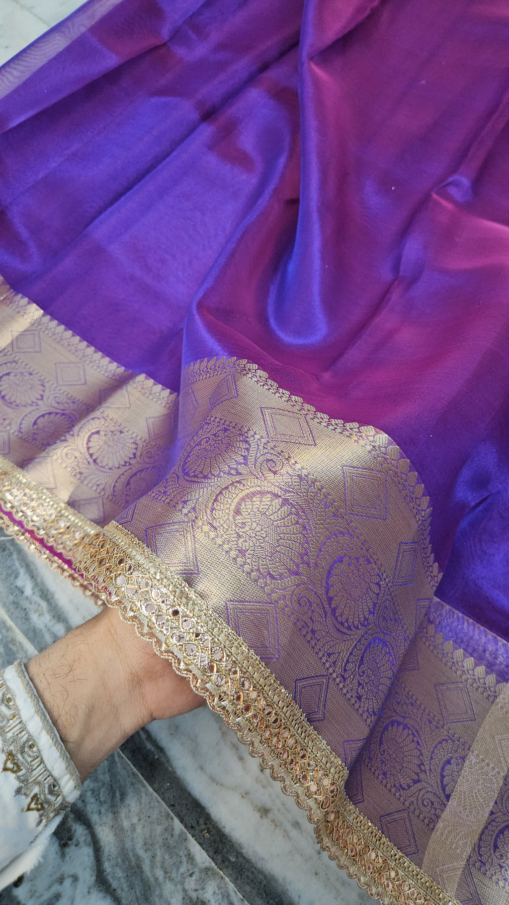 Glow Purple Riwaayat premium tissue faux mirror lace work Banarasi Saree