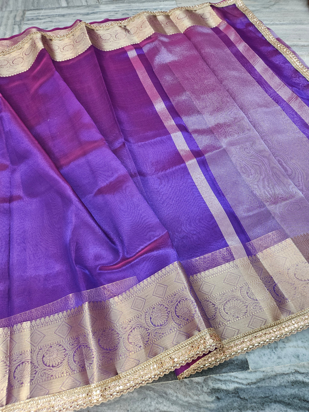 Glow Purple Riwaayat premium tissue faux mirror lace work Banarasi Saree