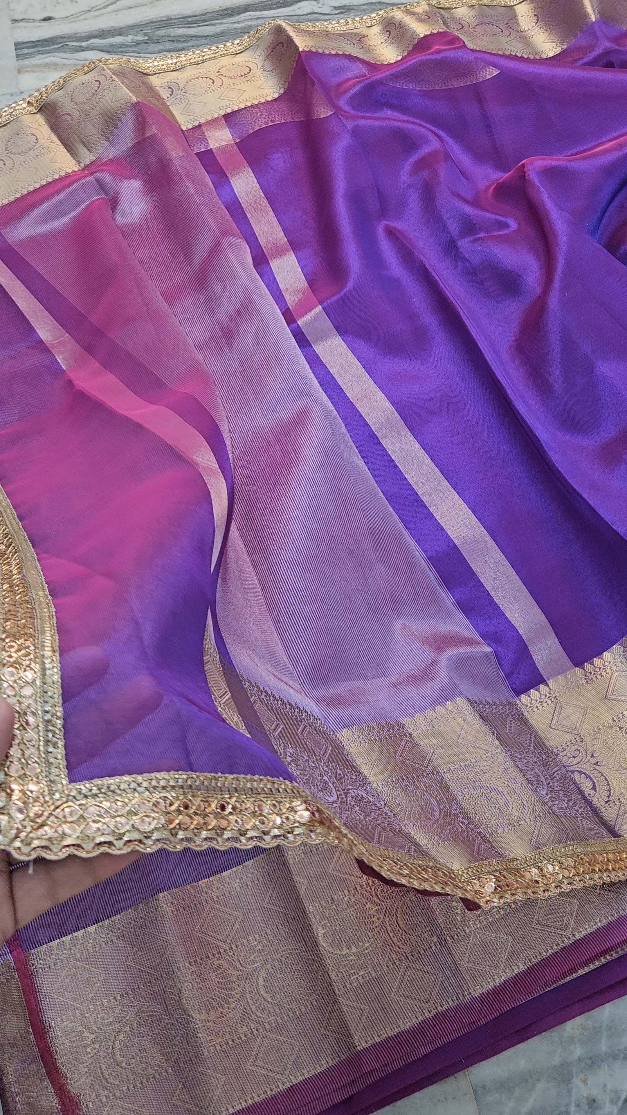 Glow Purple Riwaayat premium tissue faux mirror lace work Banarasi Saree