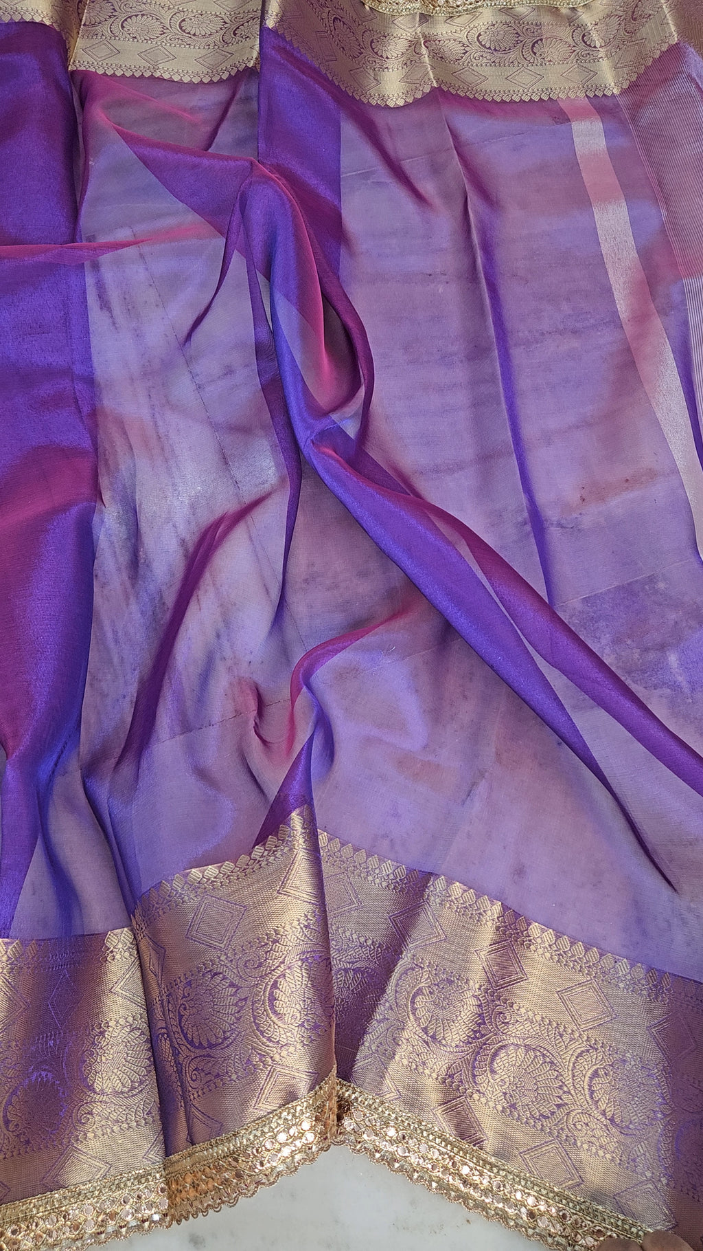 Glow Purple Riwaayat premium tissue faux mirror lace work Banarasi Saree