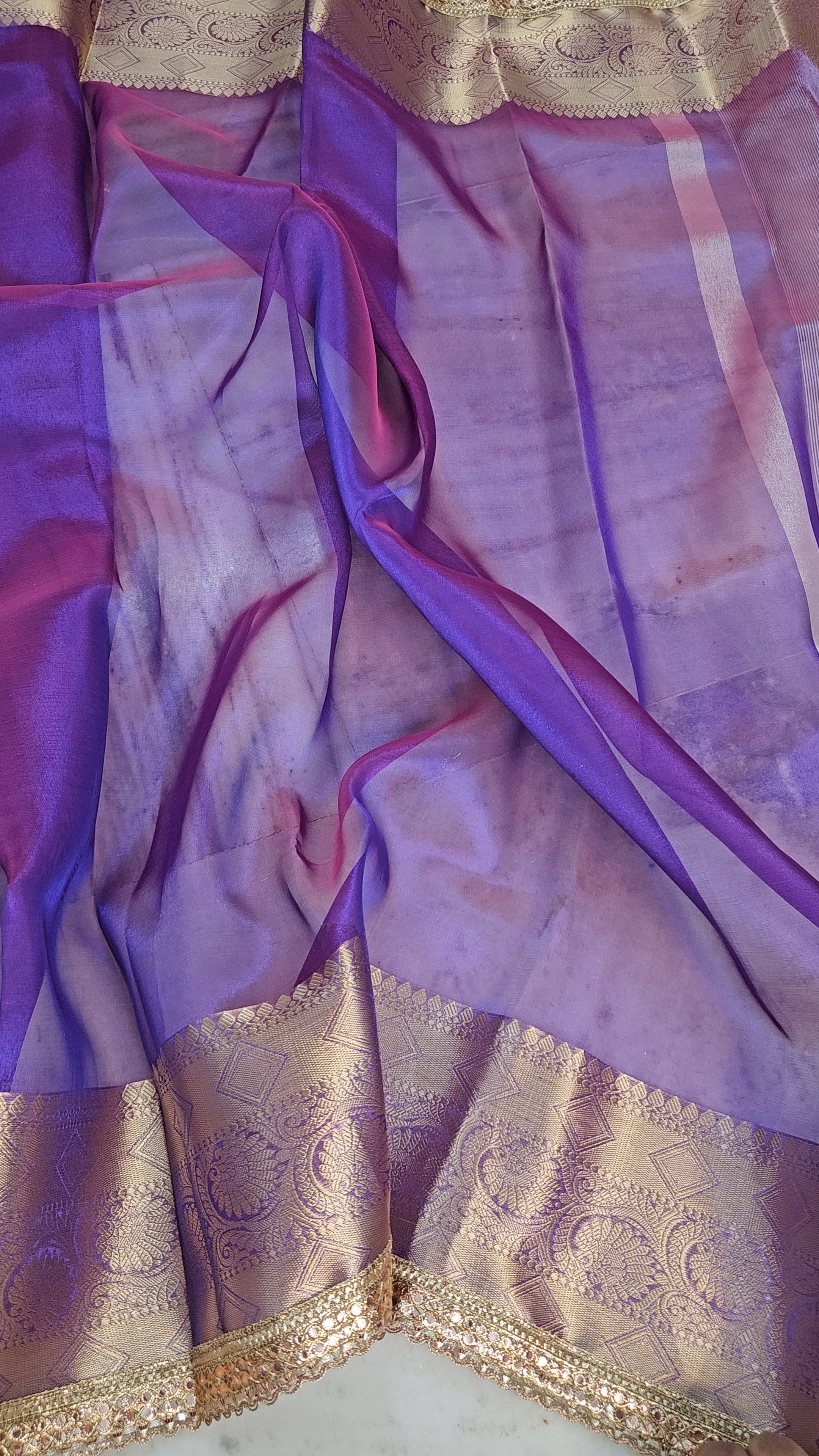 Glow Purple Riwaayat premium tissue faux mirror lace work Banarasi Saree