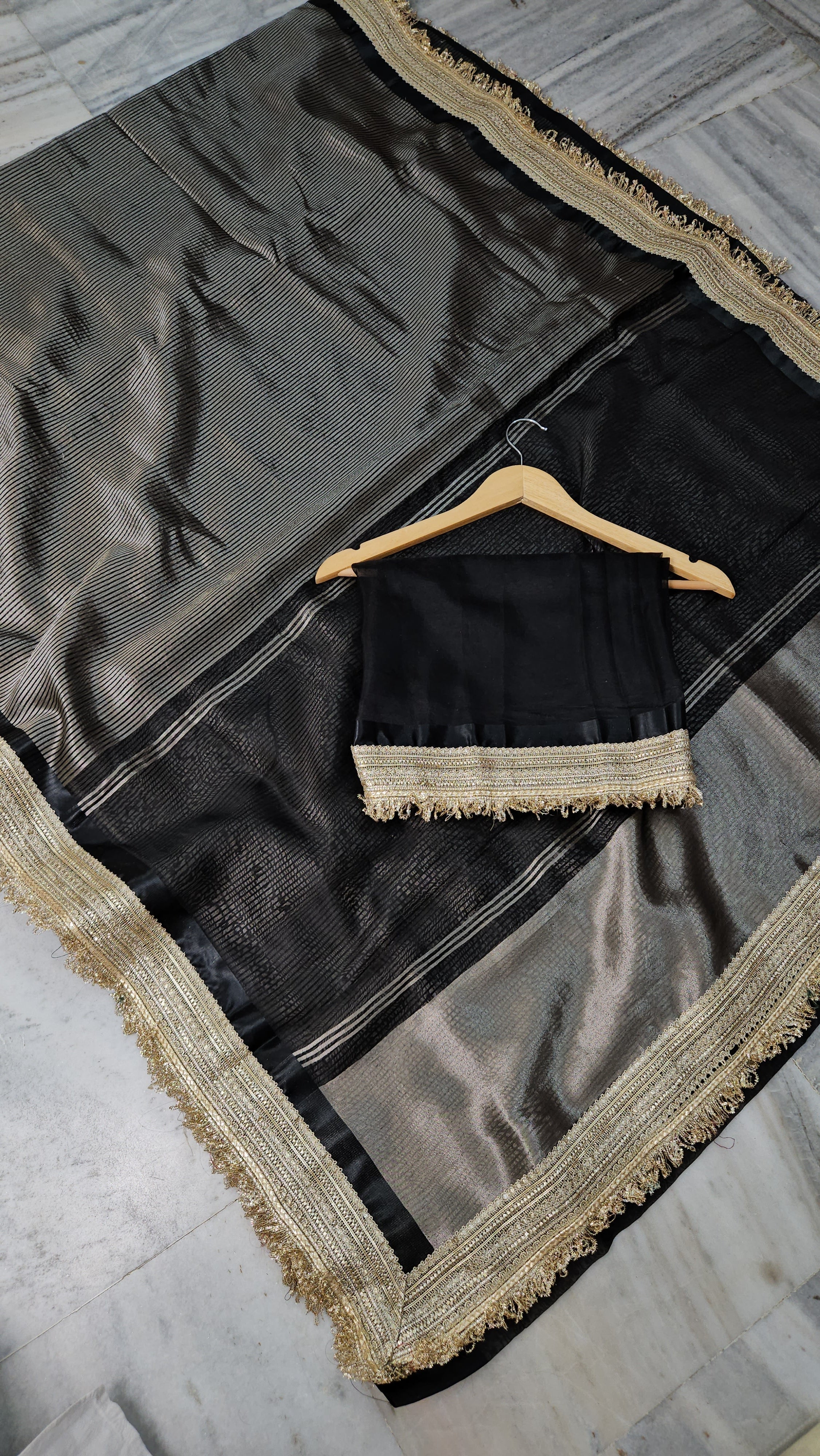 Noor-E-Zar premium tissue mirror lace work faux Banarasi Saree