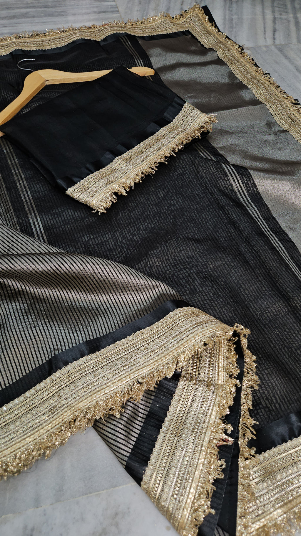 Noor-E-Zar premium tissue mirror lace work faux Banarasi Saree