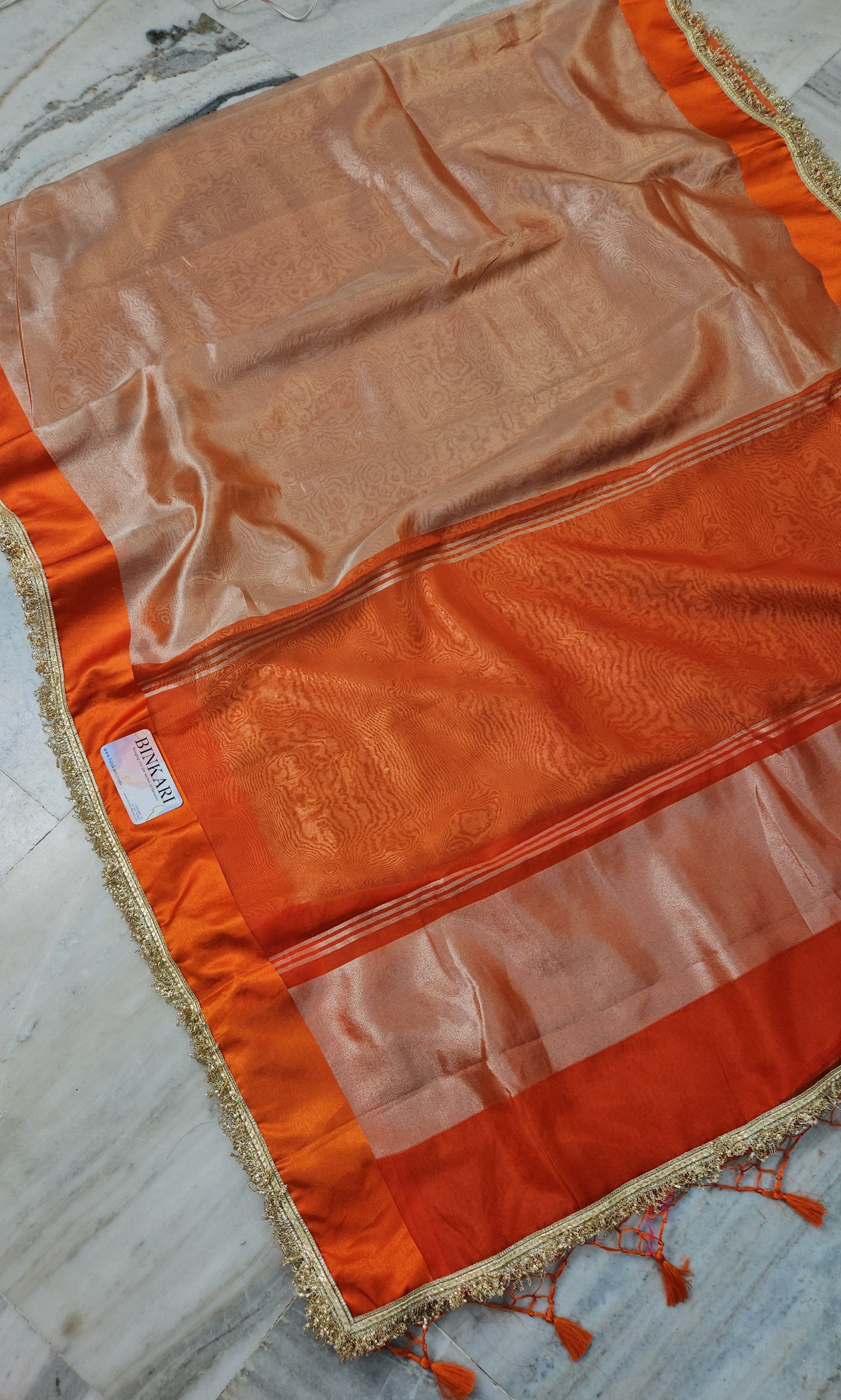 Rajgharana Orange premium faux tissue banarasi mirror lace work Banarasi Saree