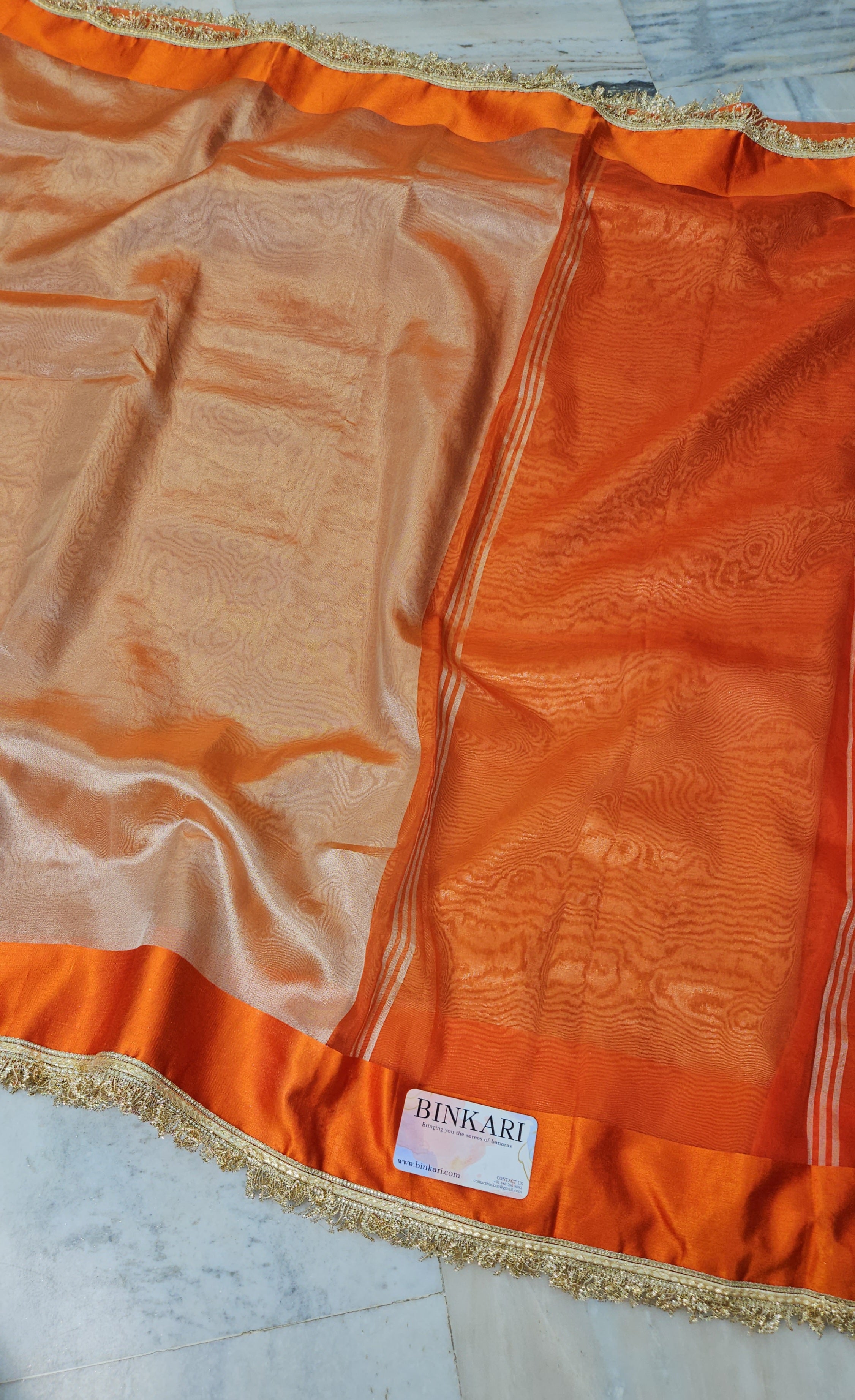 Rajgharana Orange premium faux tissue banarasi mirror lace work Banarasi Saree