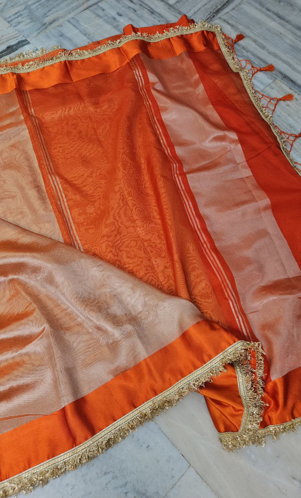 Rajgharana Orange premium faux tissue banarasi mirror lace work Banarasi Saree