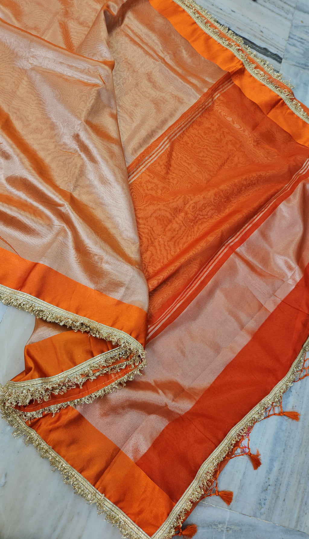 Rajgharana Orange premium faux tissue banarasi mirror lace work Banarasi Saree