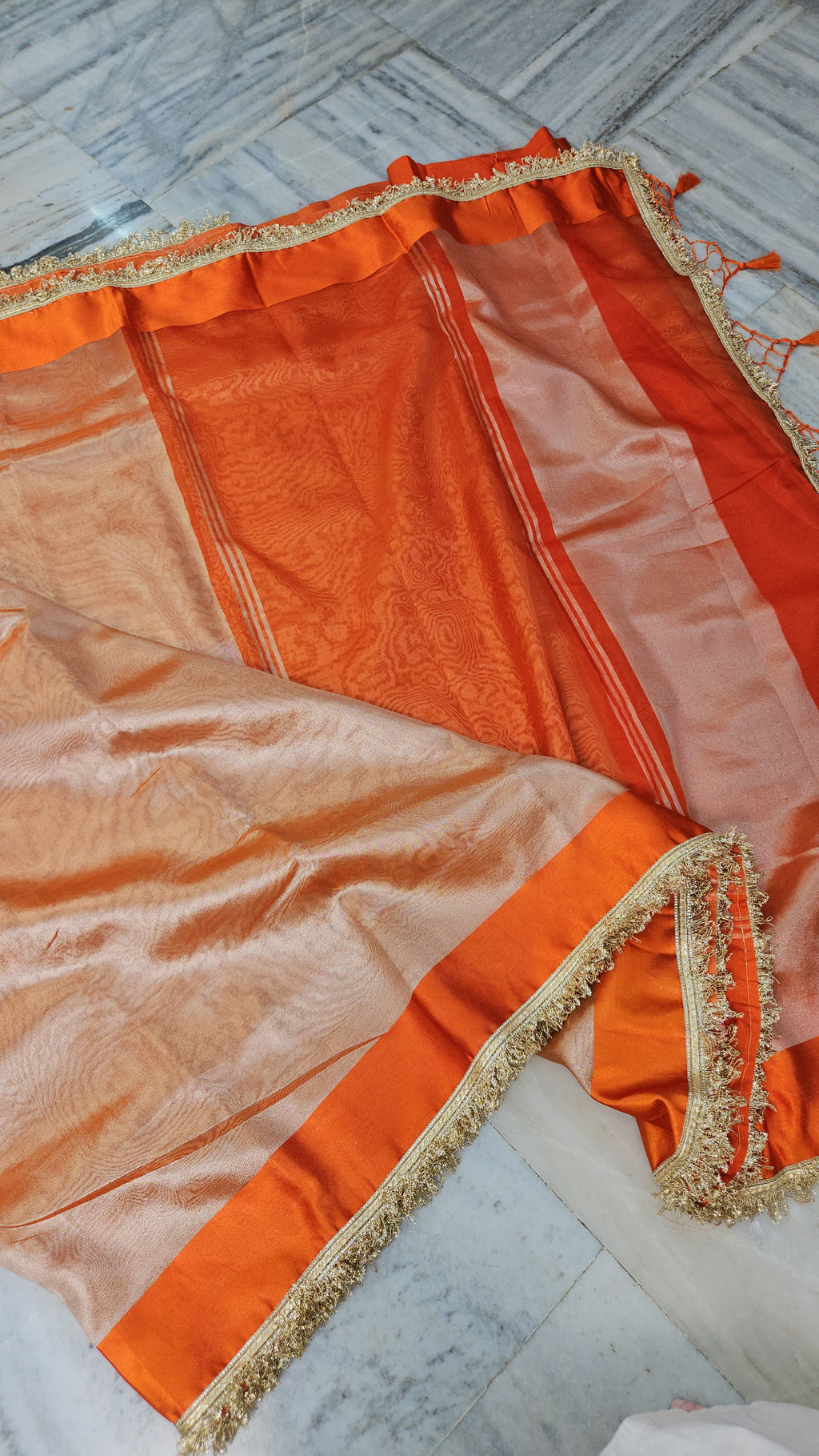 Rajgharana Orange premium faux tissue banarasi mirror lace work Banarasi Saree