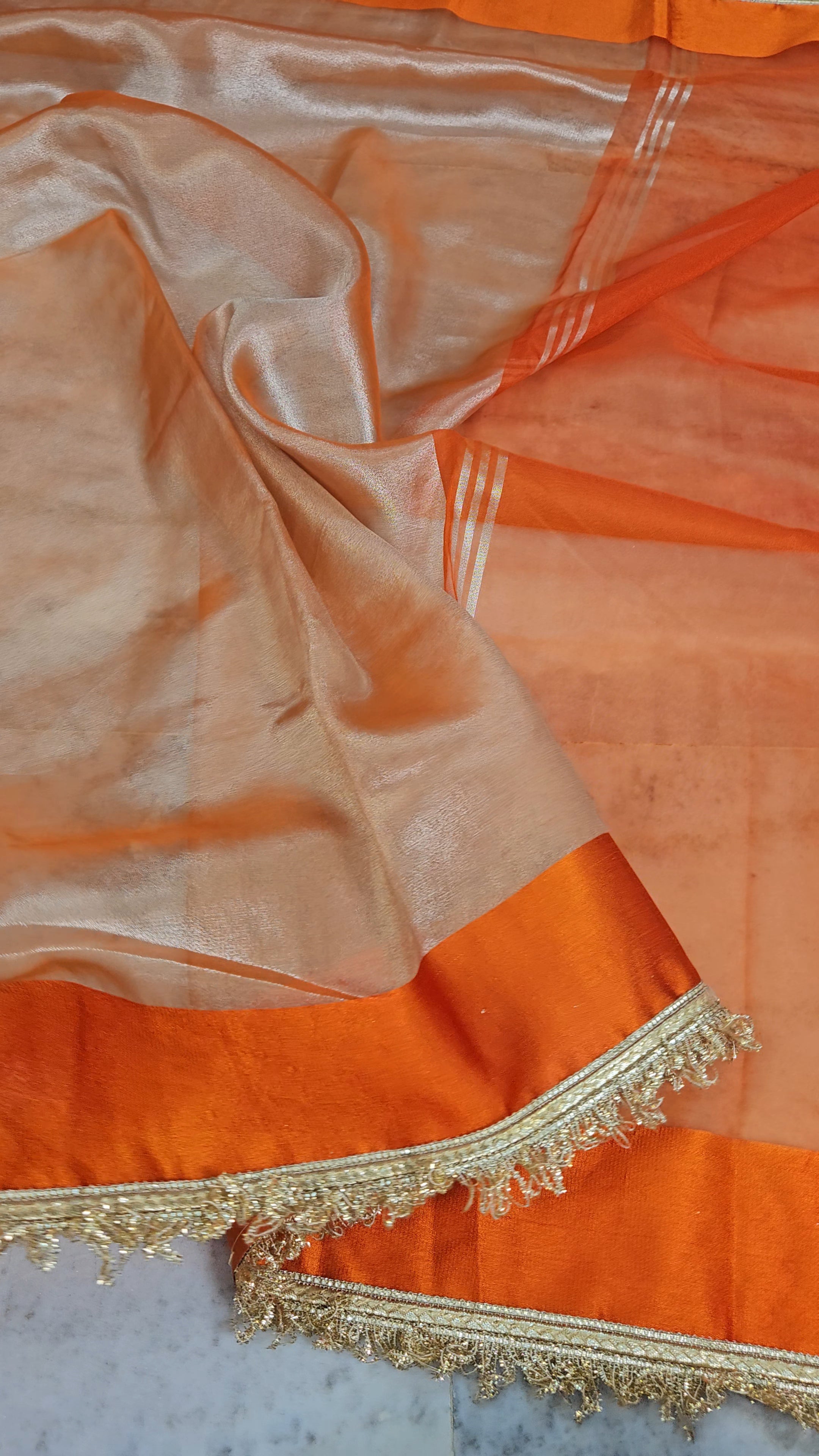 Rajgharana Orange premium faux tissue banarasi mirror lace work Banarasi Saree