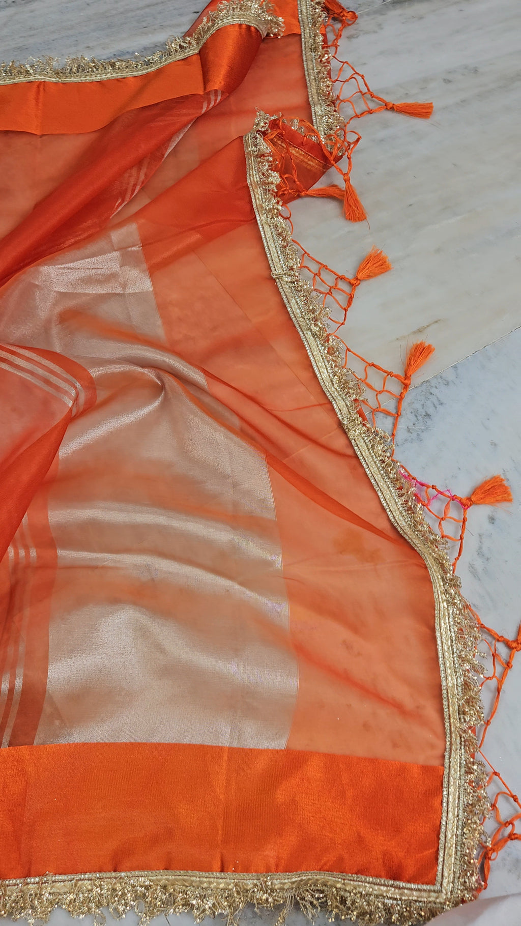 Rajgharana Orange premium faux tissue banarasi mirror lace work Banarasi Saree