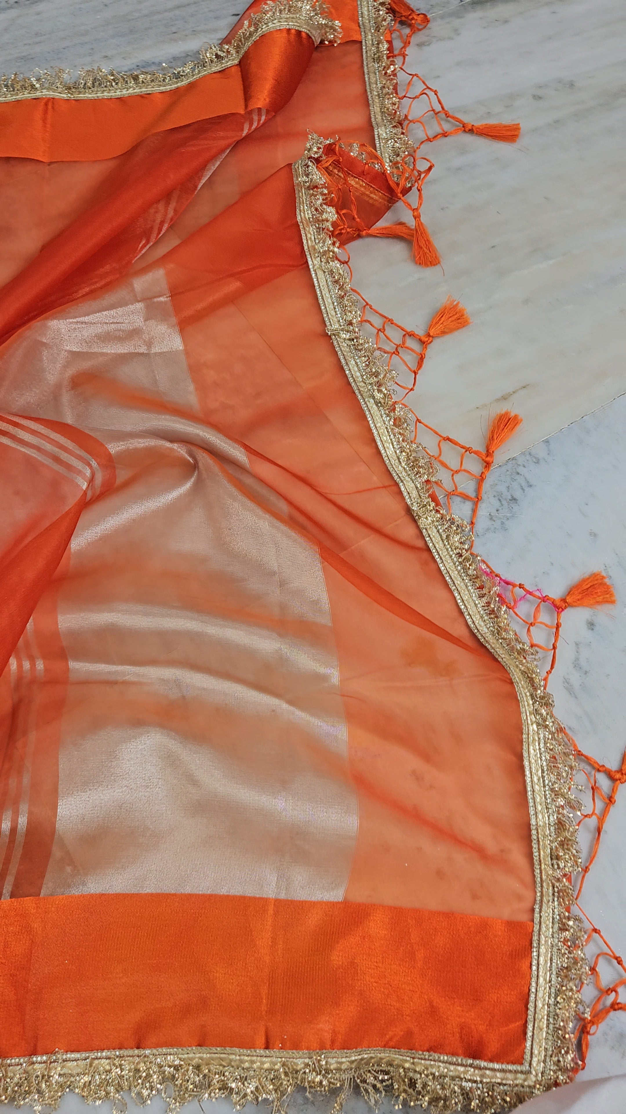 Rajgharana Orange premium faux tissue banarasi mirror lace work Banarasi Saree