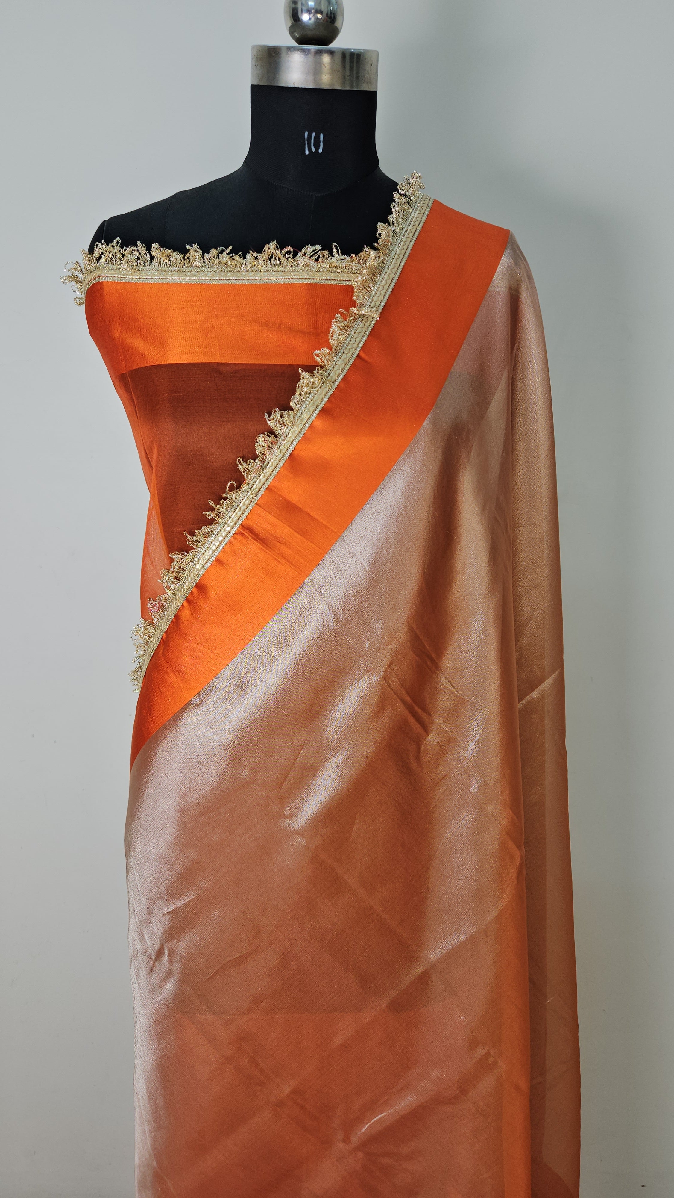 Rajgharana Orange premium faux tissue banarasi mirror lace work Banarasi Saree