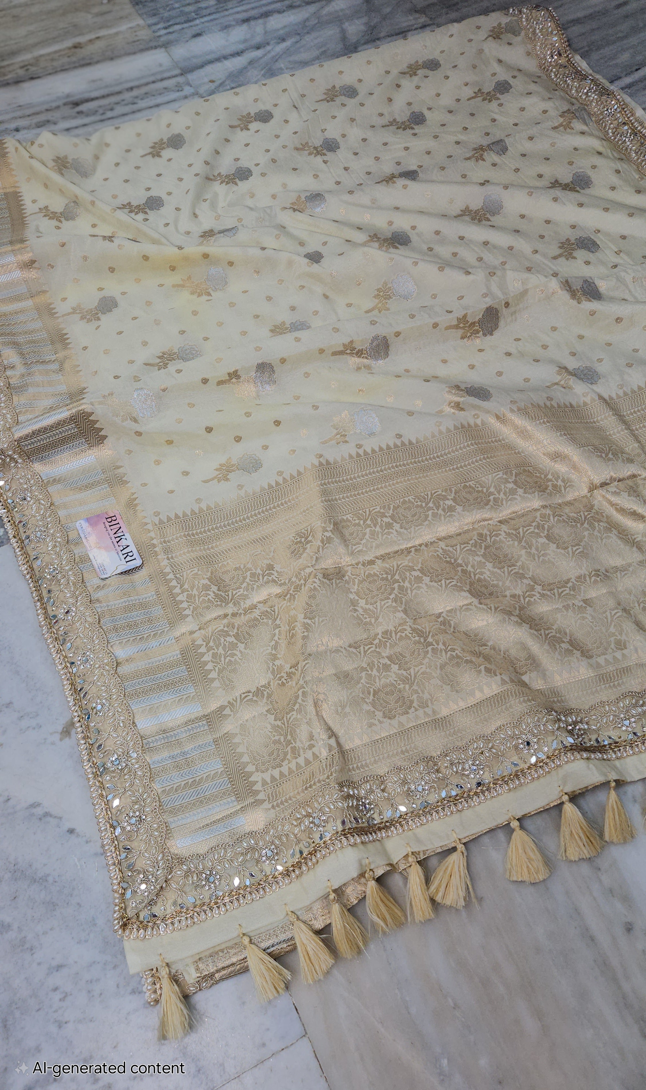 Rajkumari premium tissue faux mirror lace work Banarasi Saree ivory cream
