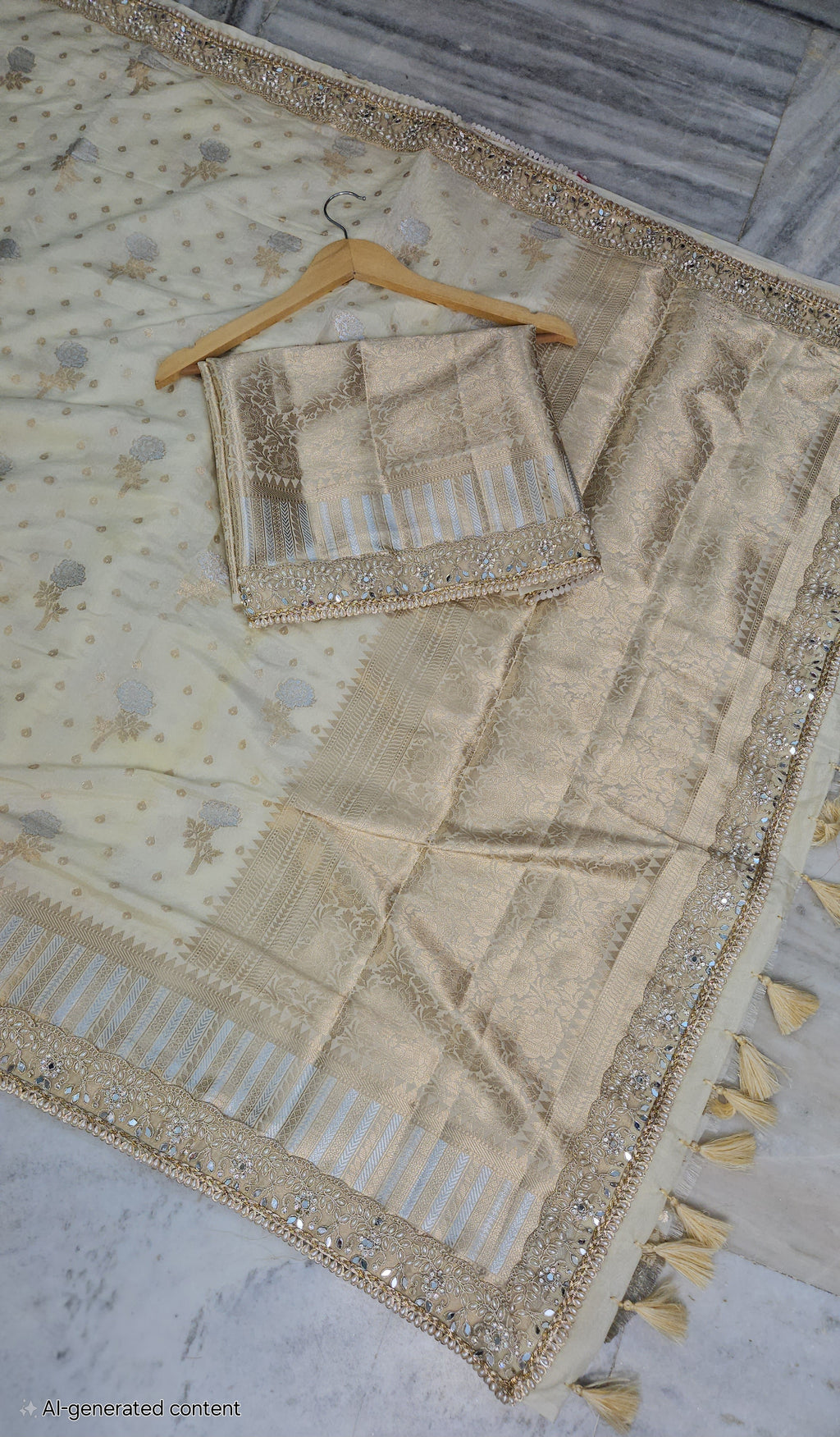 Rajkumari premium tissue faux mirror lace work Banarasi Saree ivory cream