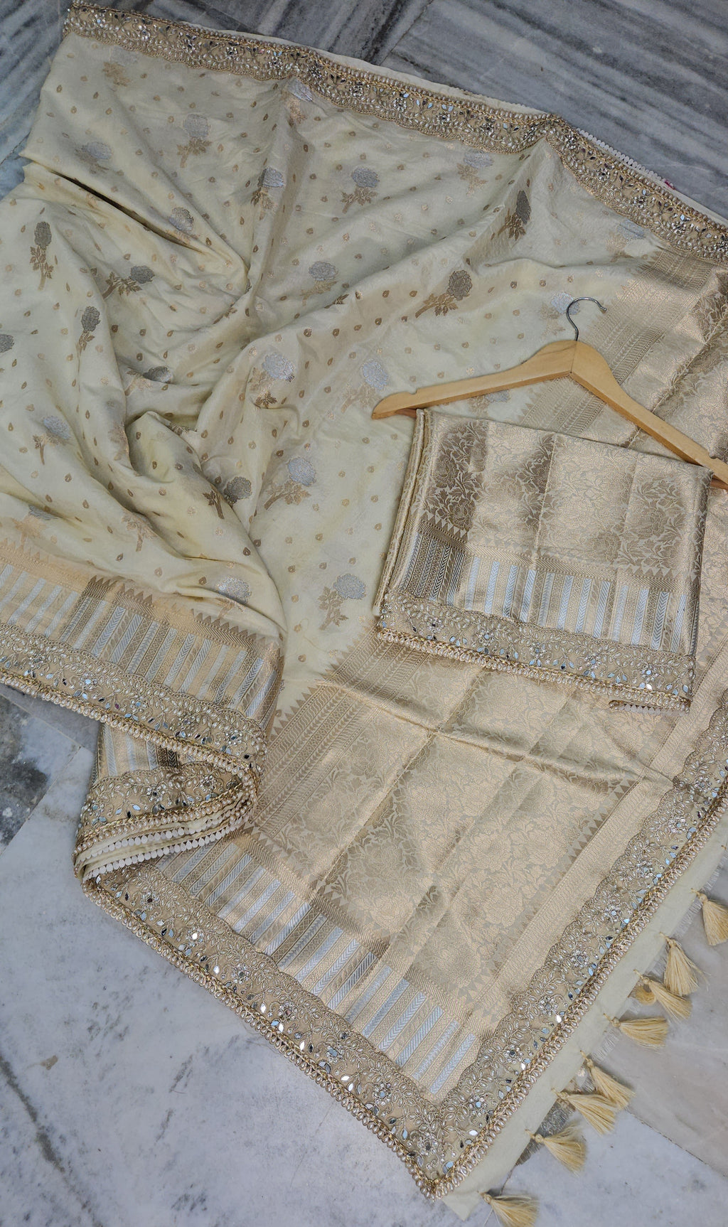 Rajkumari premium tissue faux mirror lace work Banarasi Saree ivory cream