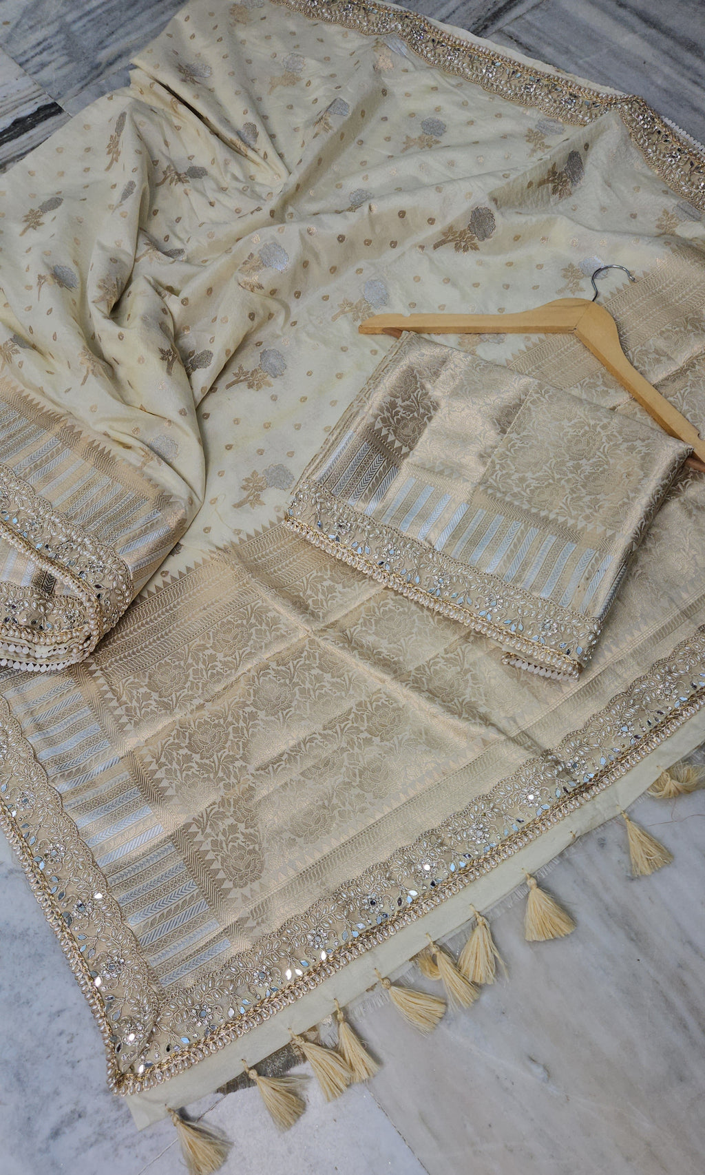 Rajkumari premium tissue faux mirror lace work Banarasi Saree ivory cream
