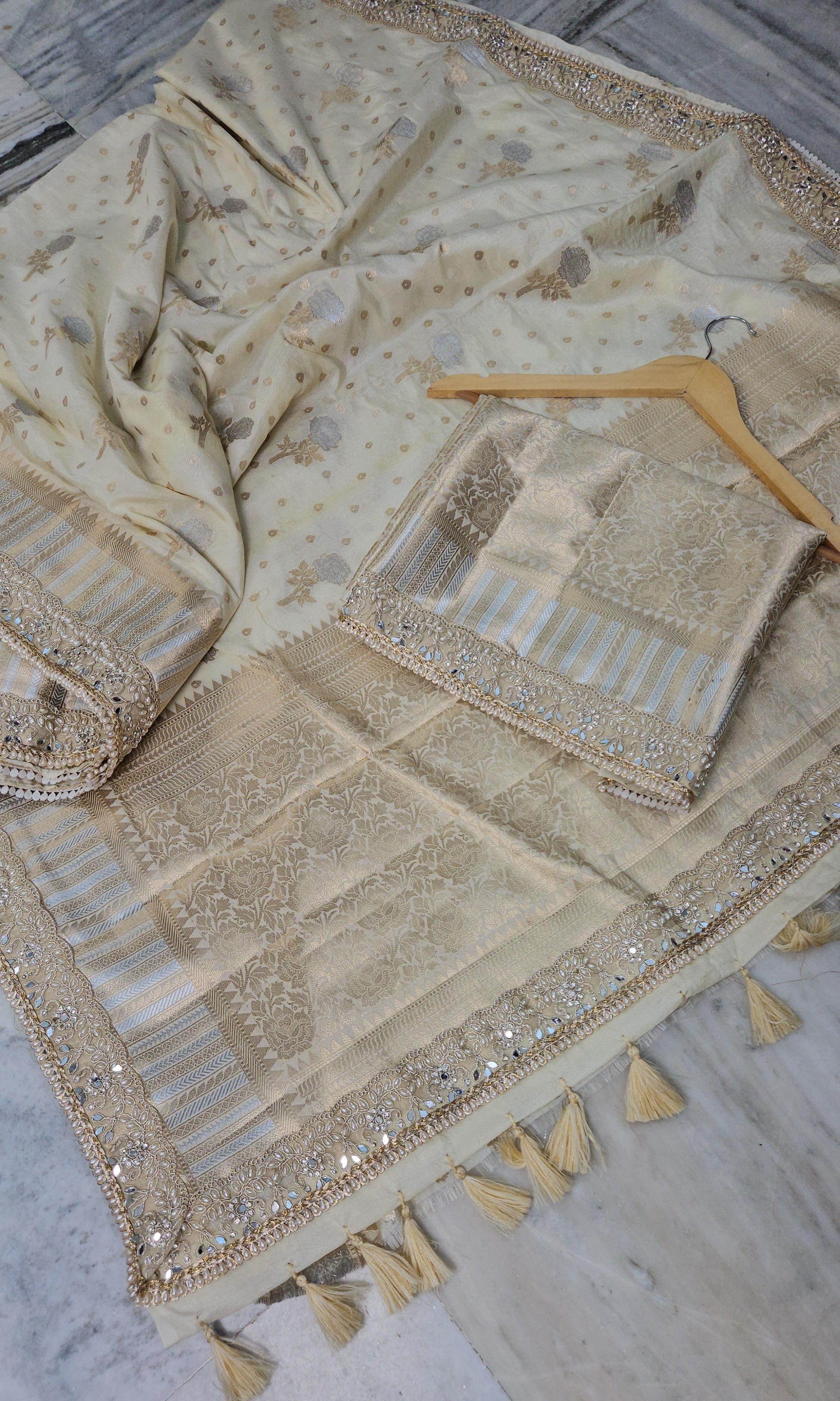 Rajkumari premium tissue faux mirror lace work Banarasi Saree ivory cream