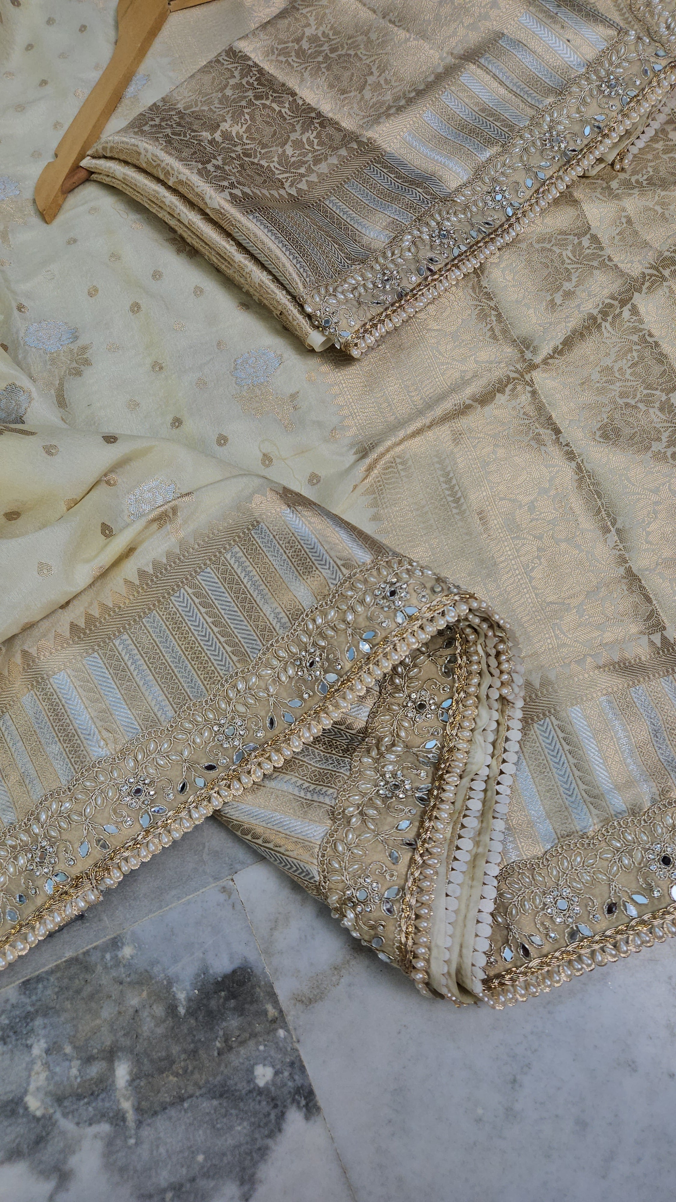 Rajkumari premium tissue faux mirror lace work Banarasi Saree ivory cream