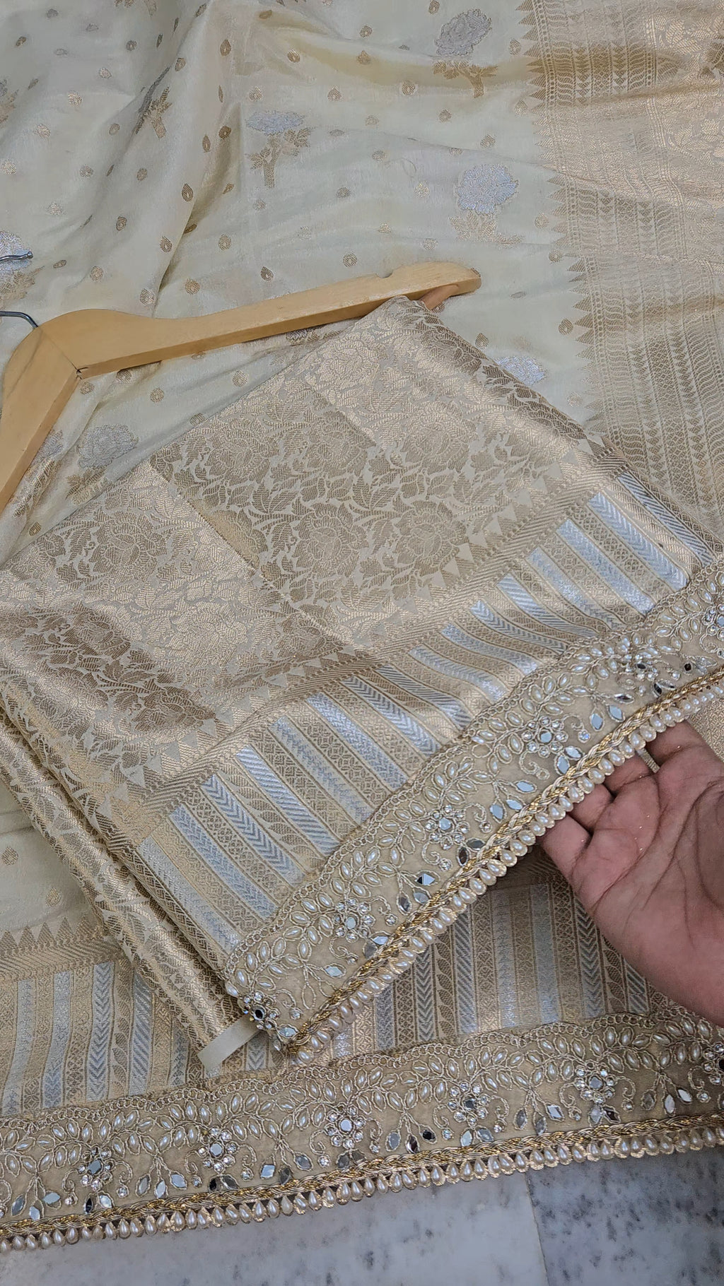 Rajkumari premium tissue faux mirror lace work Banarasi Saree ivory cream