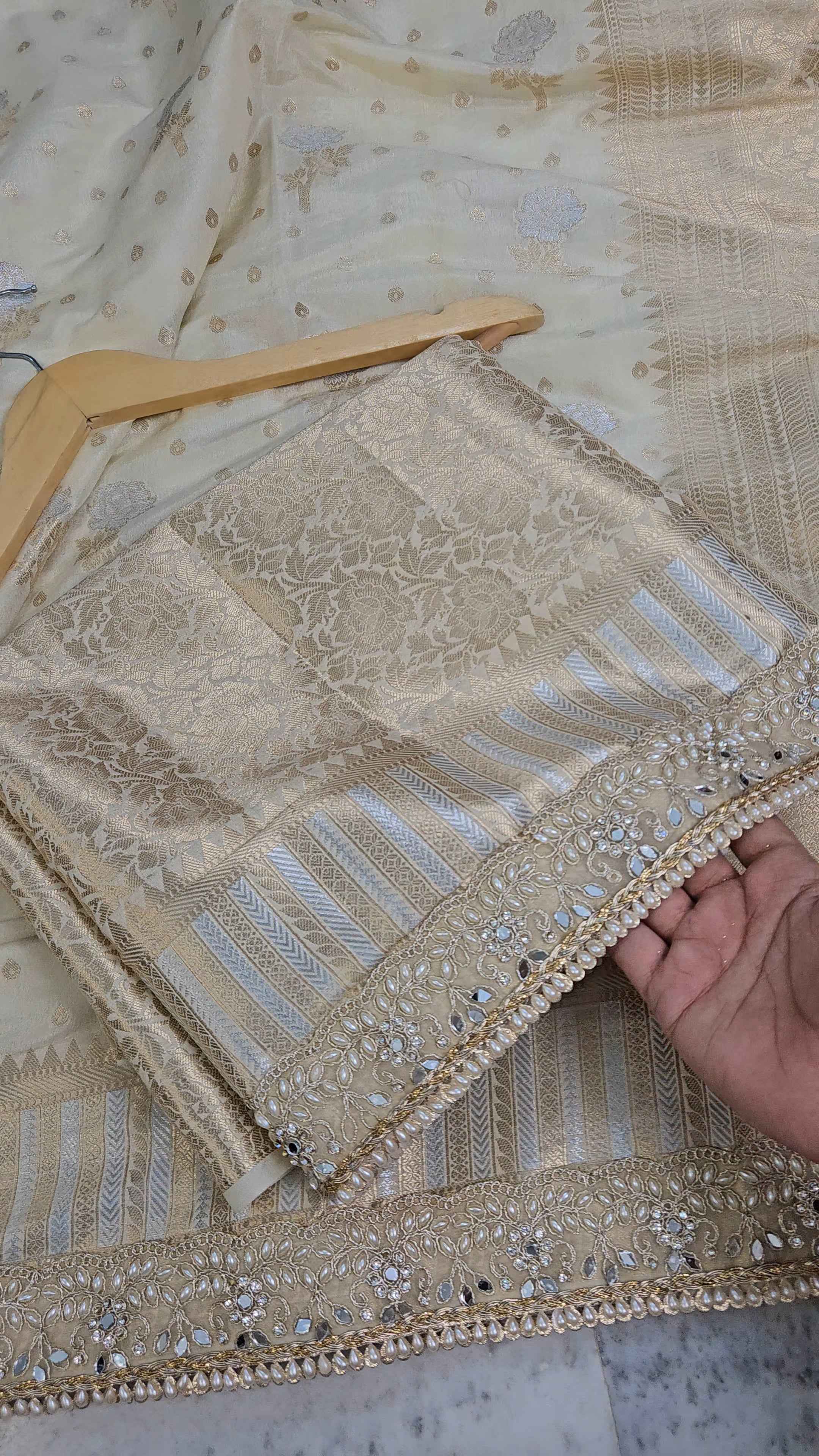 Rajkumari premium tissue faux mirror lace work Banarasi Saree ivory cream
