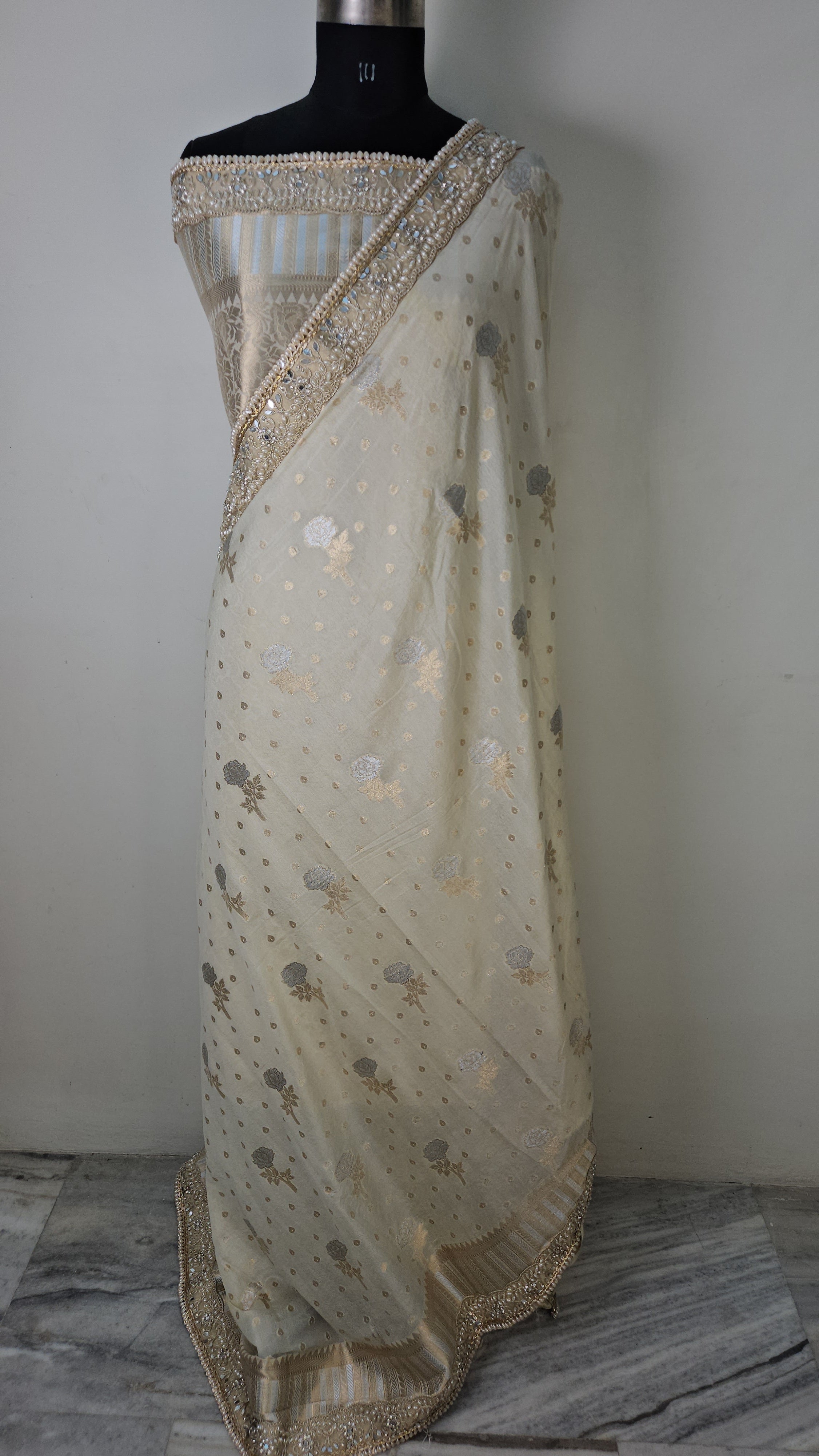 Rajkumari premium tissue faux mirror lace work Banarasi Saree ivory cream