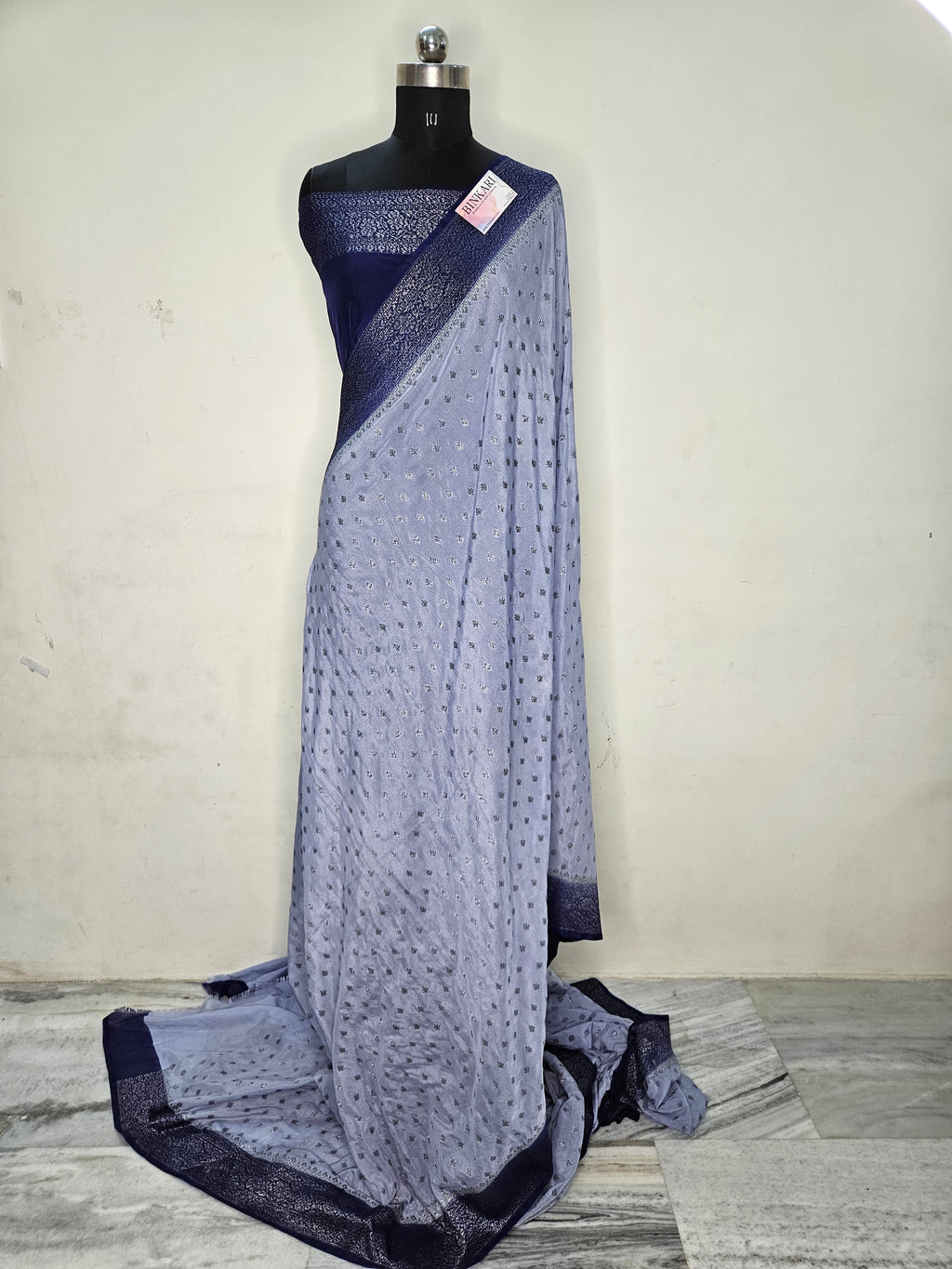 Aqs Blue Faux Georgette Katans Buti Banarasi Saree Faux Grey Zari With Blouse