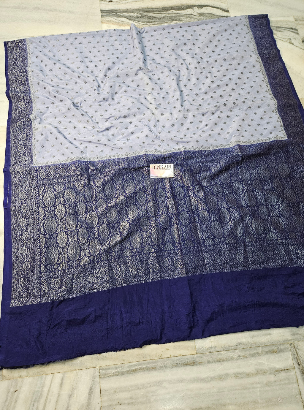 Aqs Blue Faux Georgette Katans Buti Banarasi Saree Faux Grey Zari With Blouse
