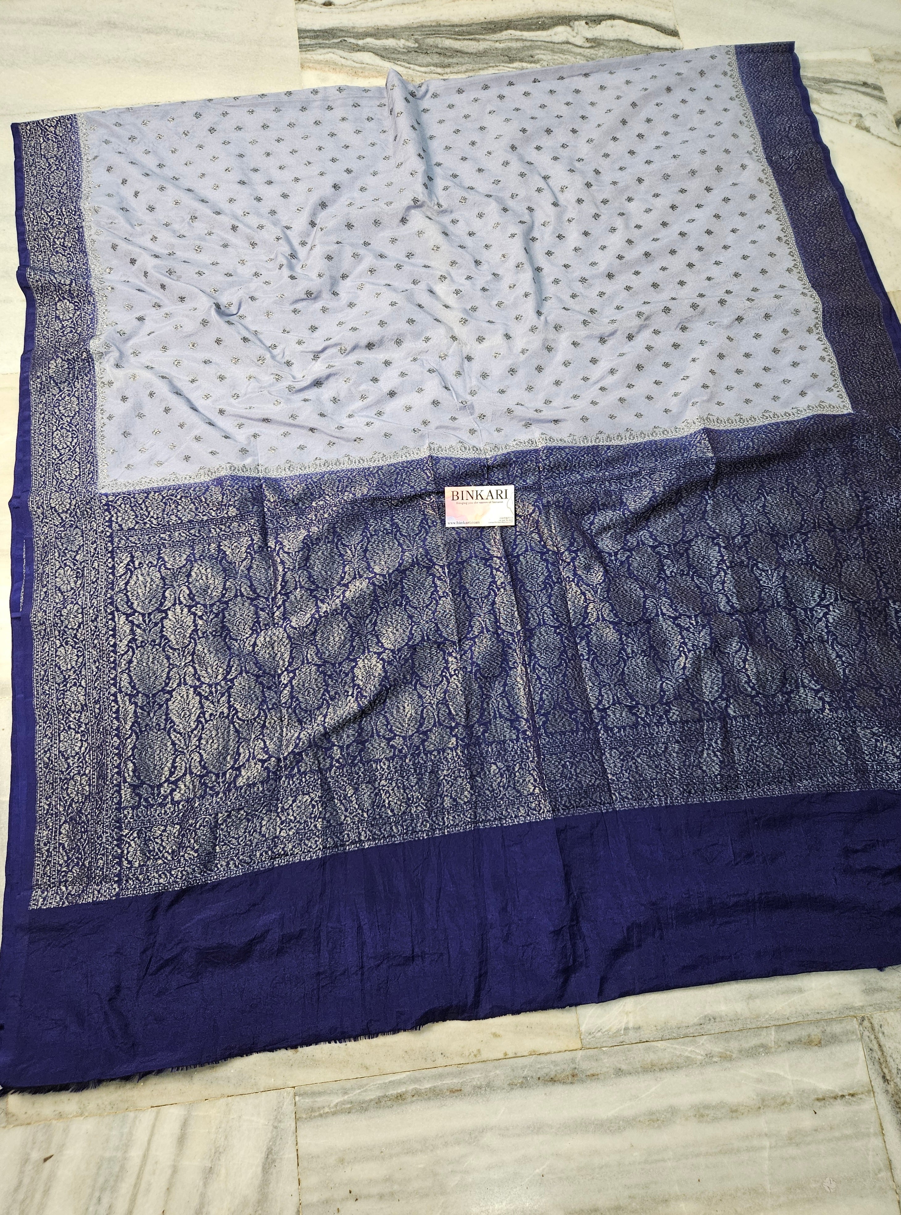 Aqs Blue Faux Georgette Katans Buti Banarasi Saree Faux Grey Zari With Blouse