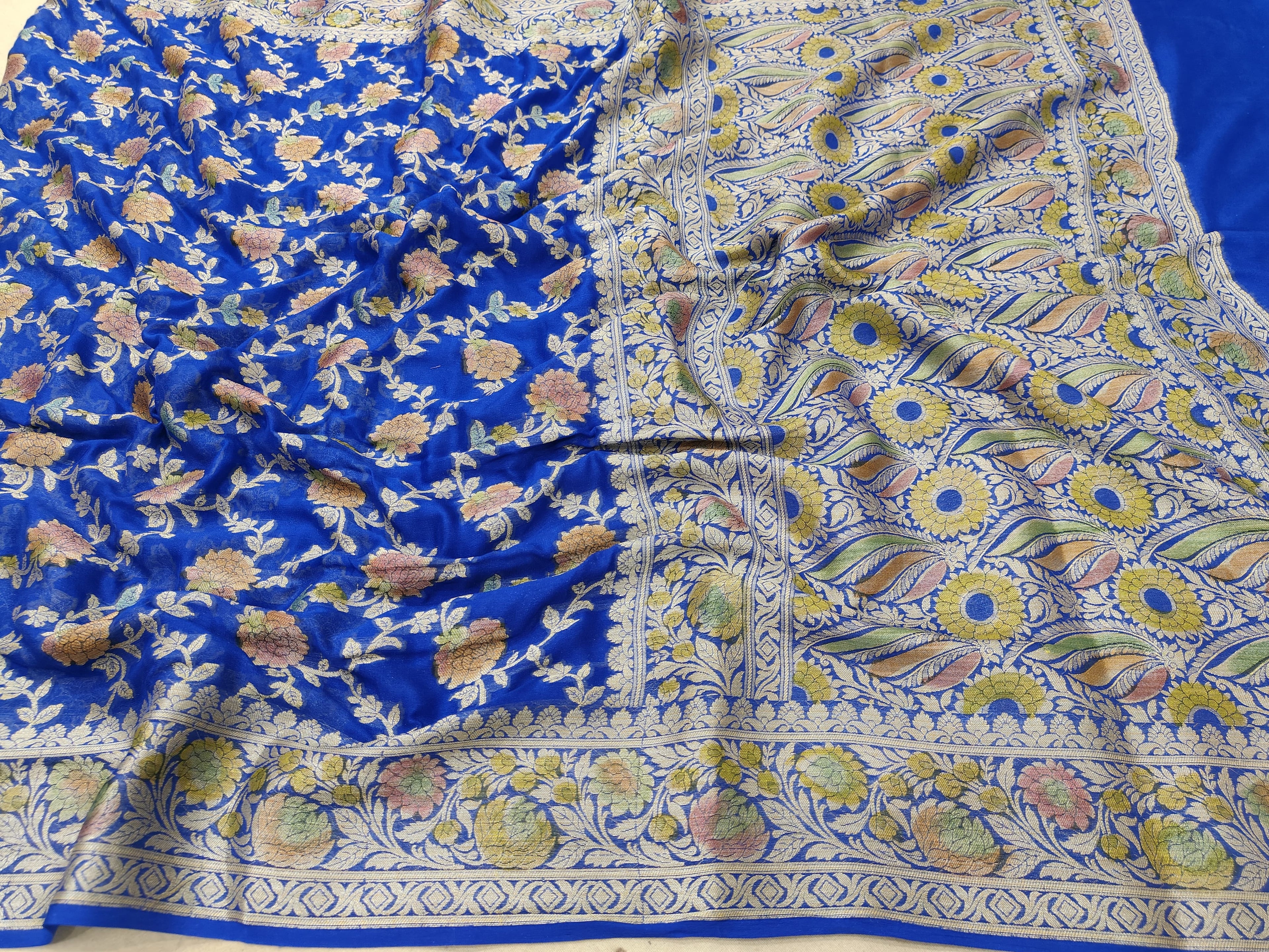 PURE CHIFFON SILK HAND-BRUSH WORK WITH JUNGLA WOVEN BANARASI SAREE/ ROYAL BLUE