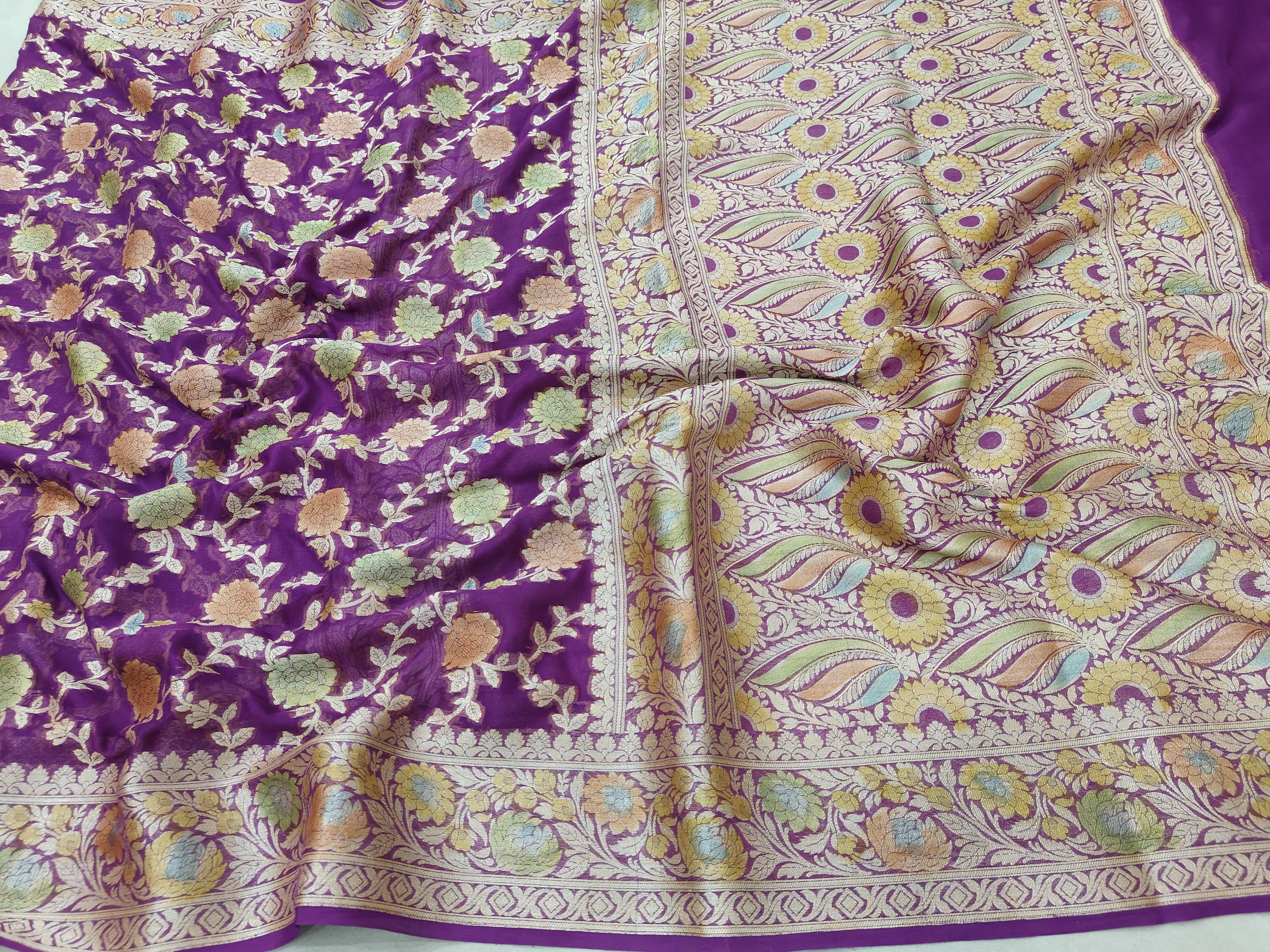 PURE CHIFFON SILK BANARASI HAND-BRUSH WORK WOVEN SAREE/ PURPLE