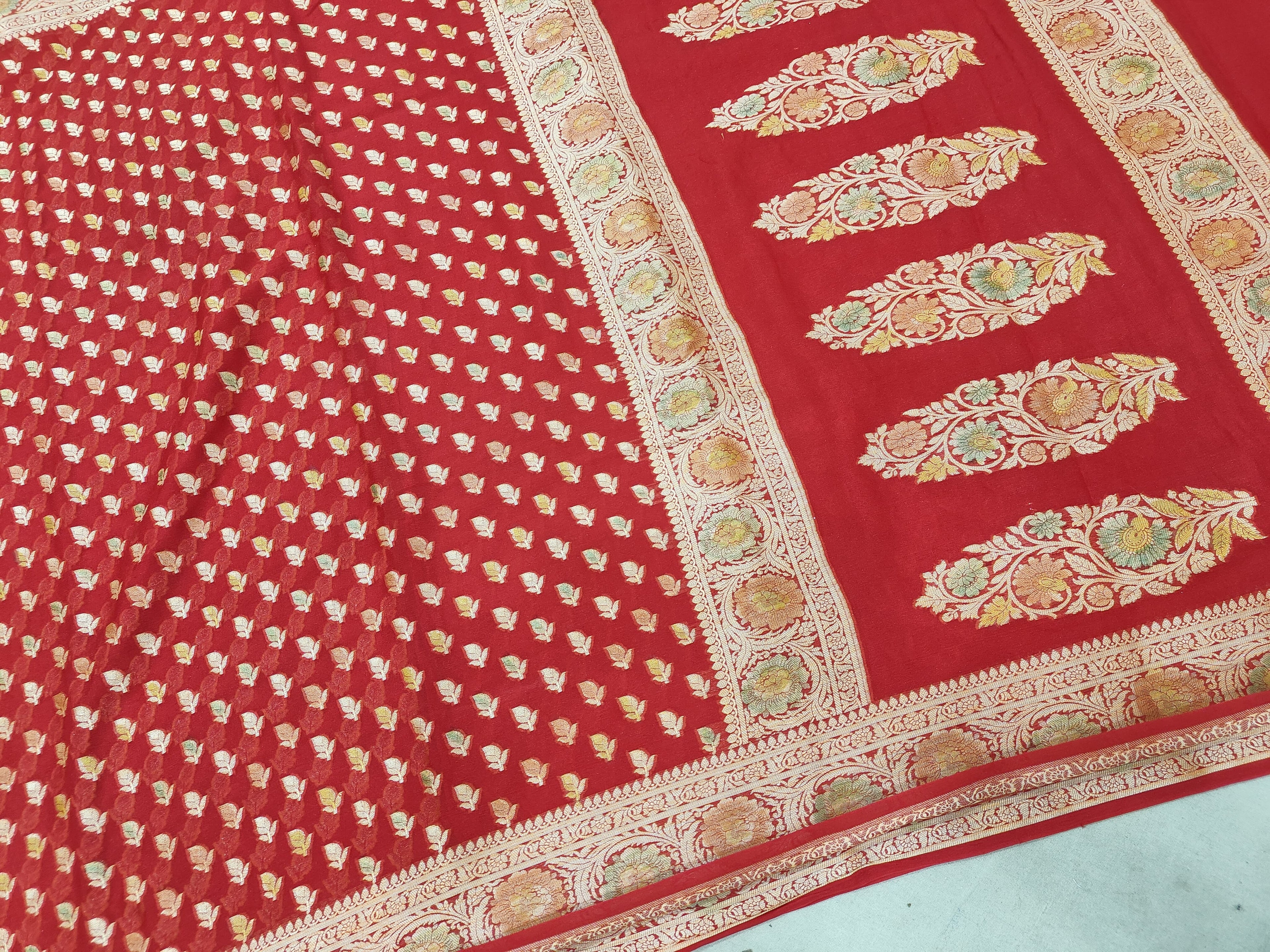 PURE CHIFFON SILK HAND-BRUSH WORK WITH BUTI WOVEN BANARASI SAREE/ RED