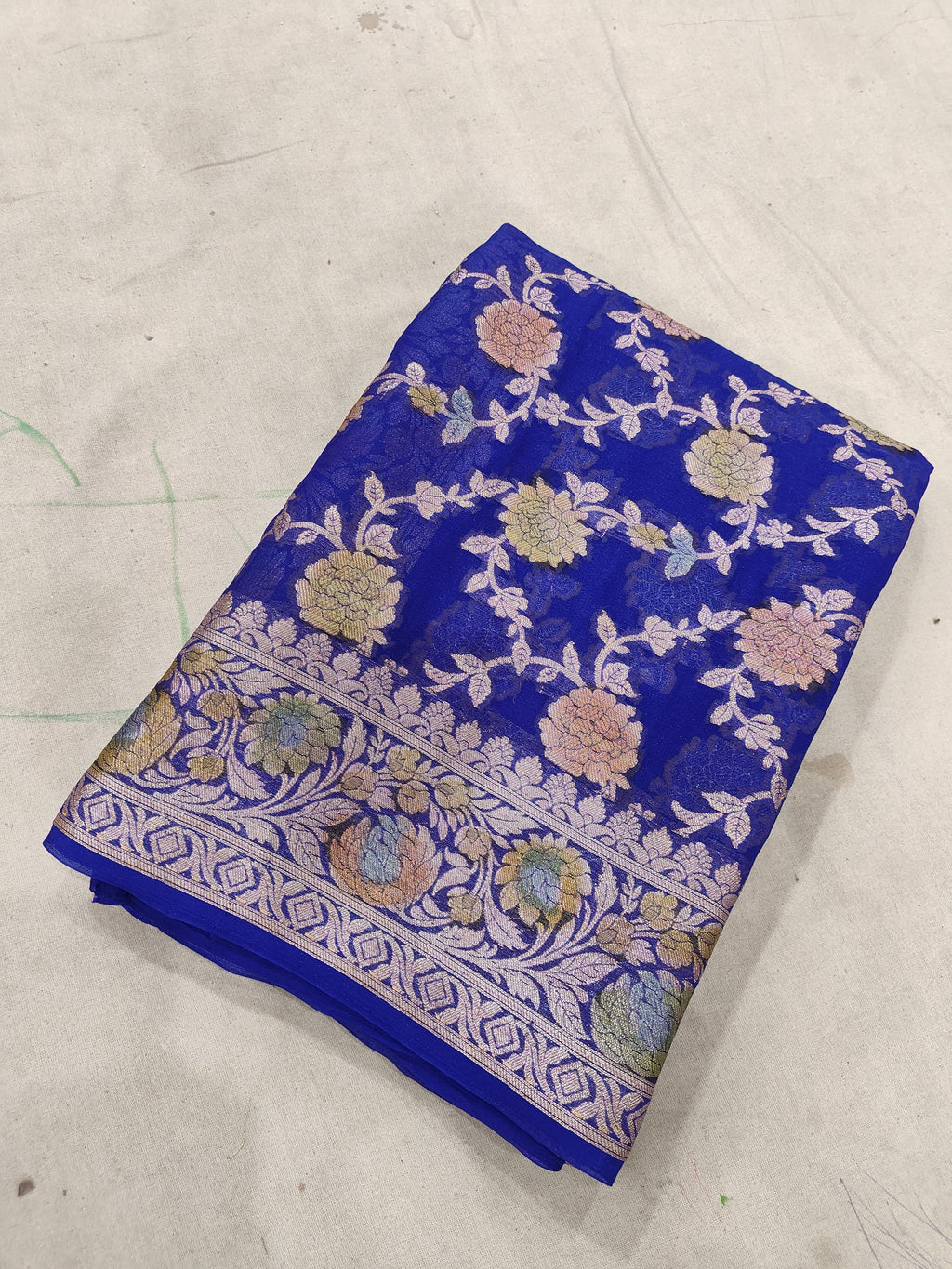 PURE CHIFFON SILK HAND-BRUSH WORK WITH JUNGLA WOVEN BANARASI SAREE/ ROYAL BLUE