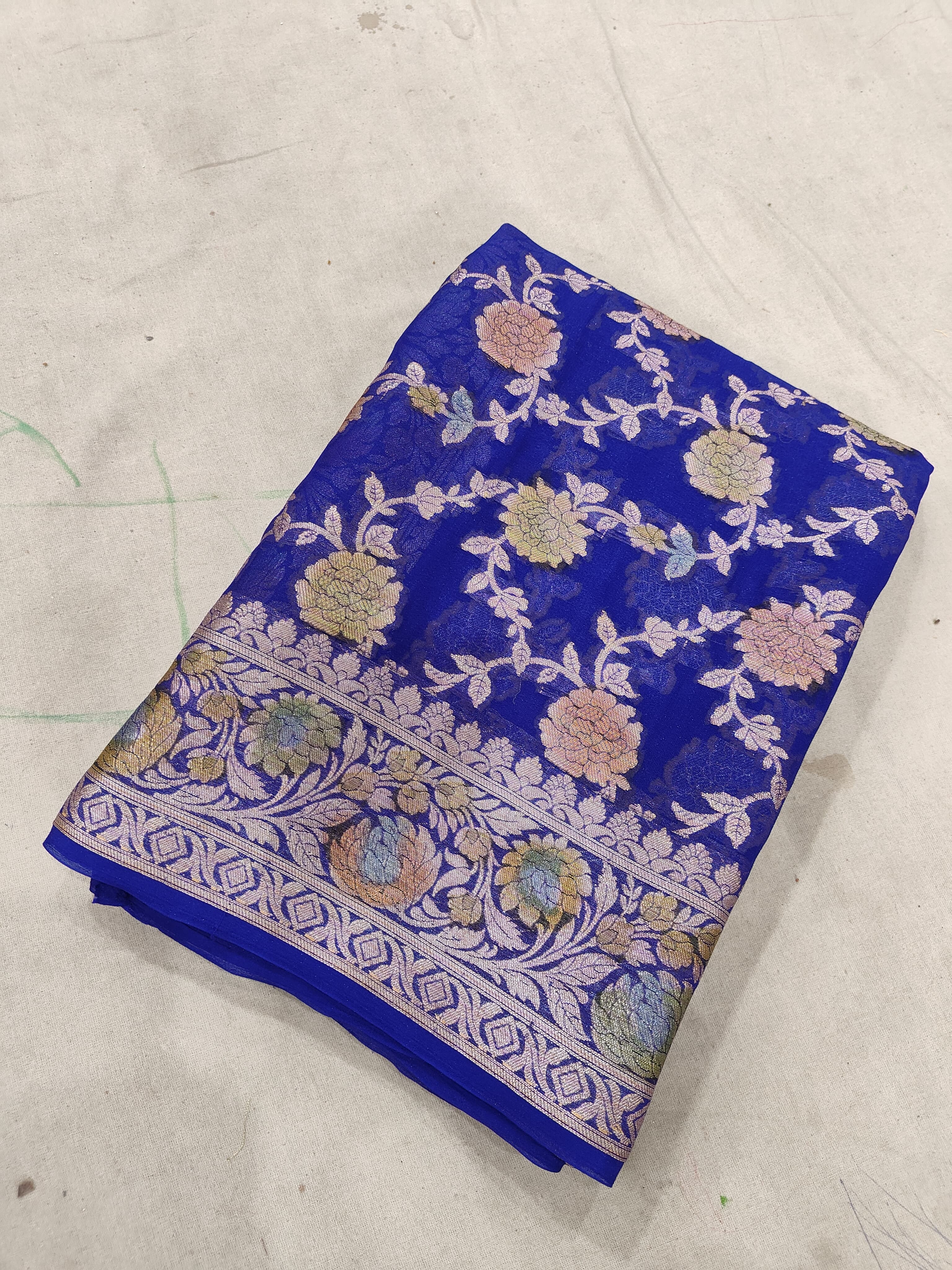 PURE CHIFFON SILK HAND-BRUSH WORK WITH JUNGLA WOVEN BANARASI SAREE/ ROYAL BLUE