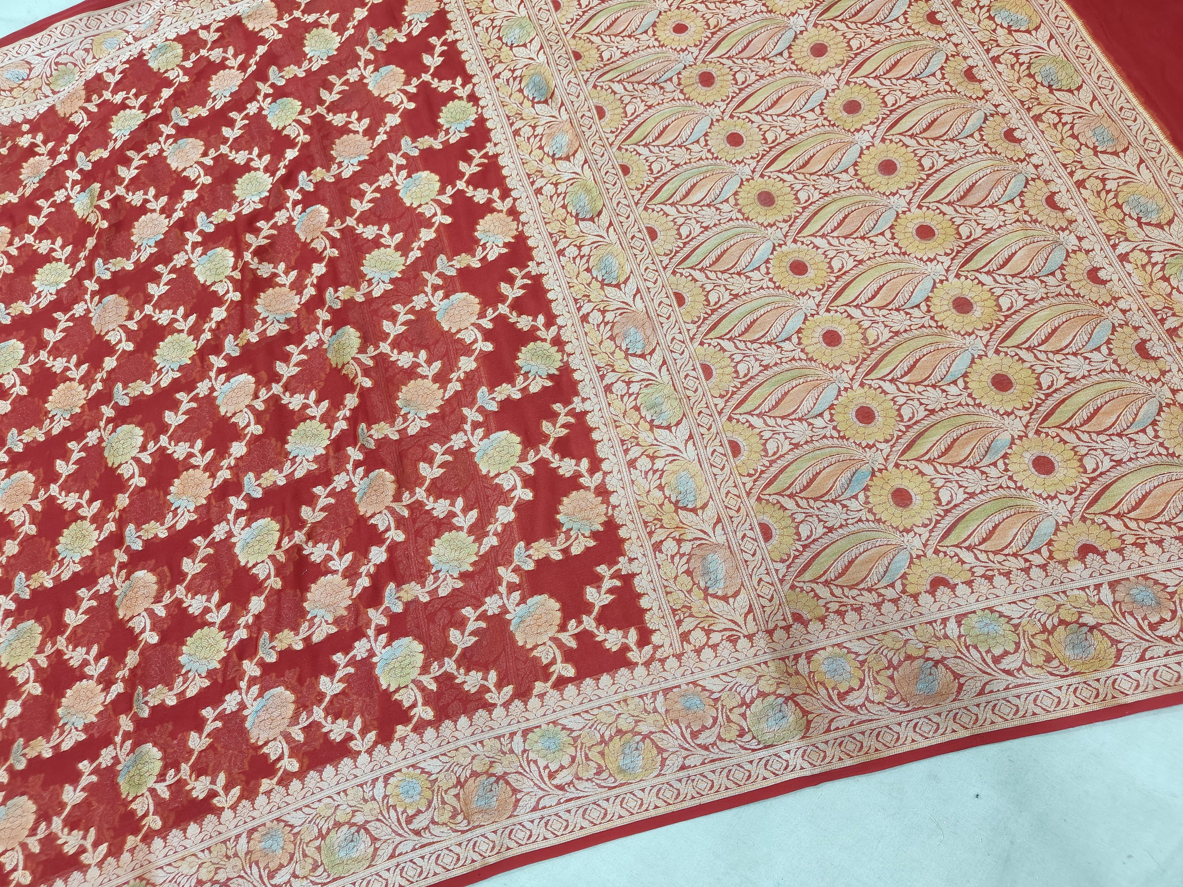 PURE CHIFFON SILK HAND-BRUSH WORK BANARASI SAREE/ MAROON