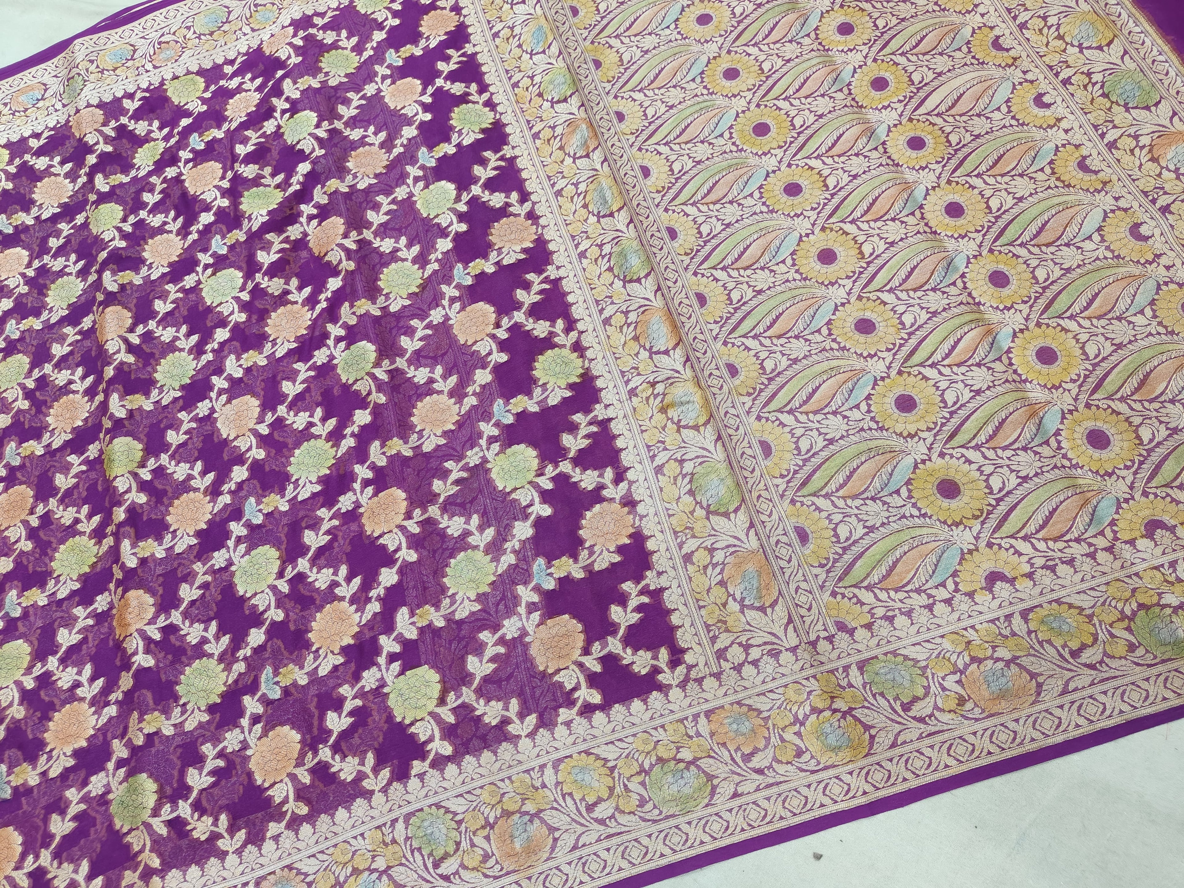 PURE CHIFFON SILK BANARASI HAND-BRUSH WORK WOVEN SAREE/ PURPLE