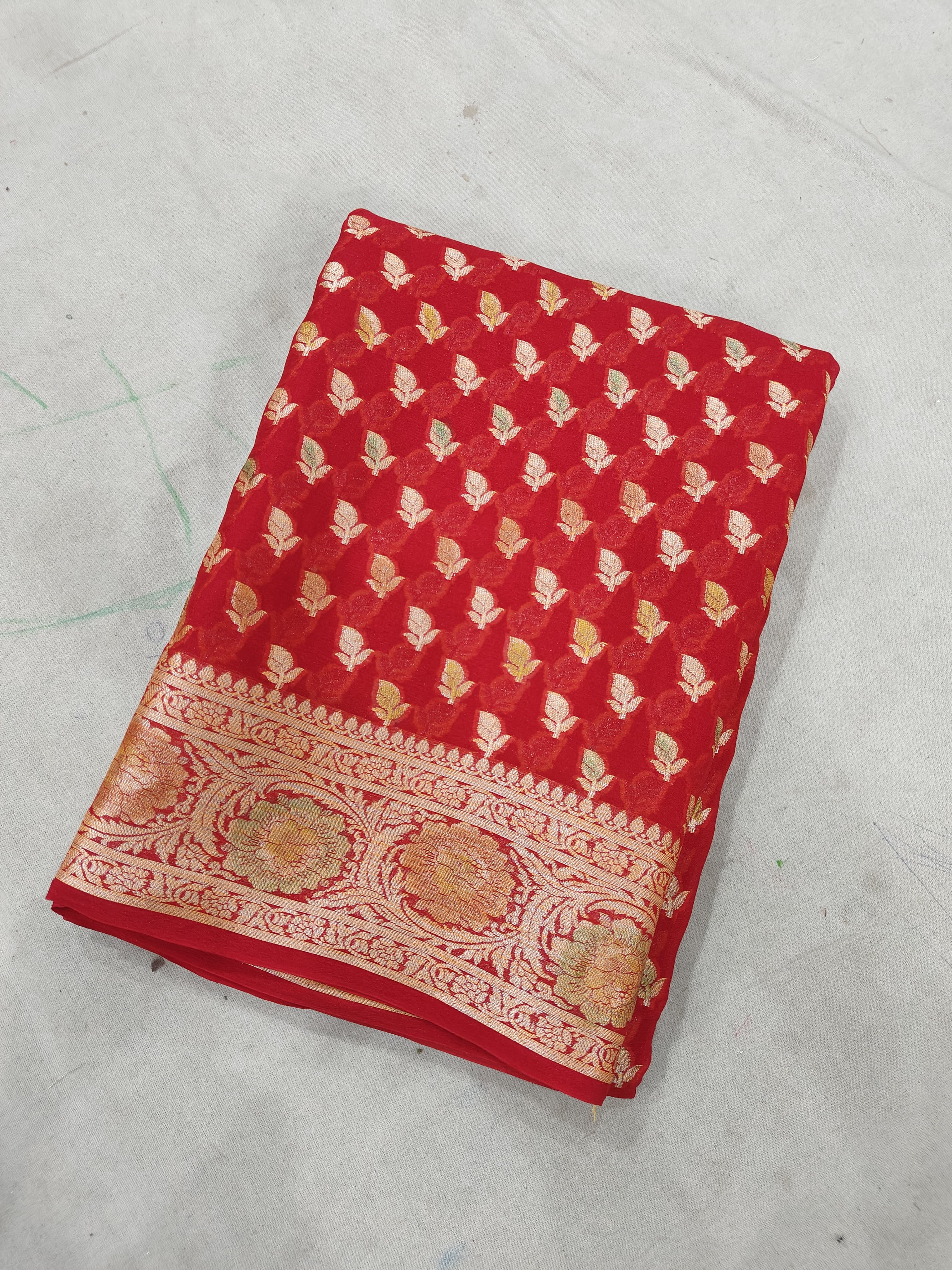 PURE CHIFFON SILK HAND-BRUSH WORK WITH BUTI WOVEN BANARASI SAREE/ RED