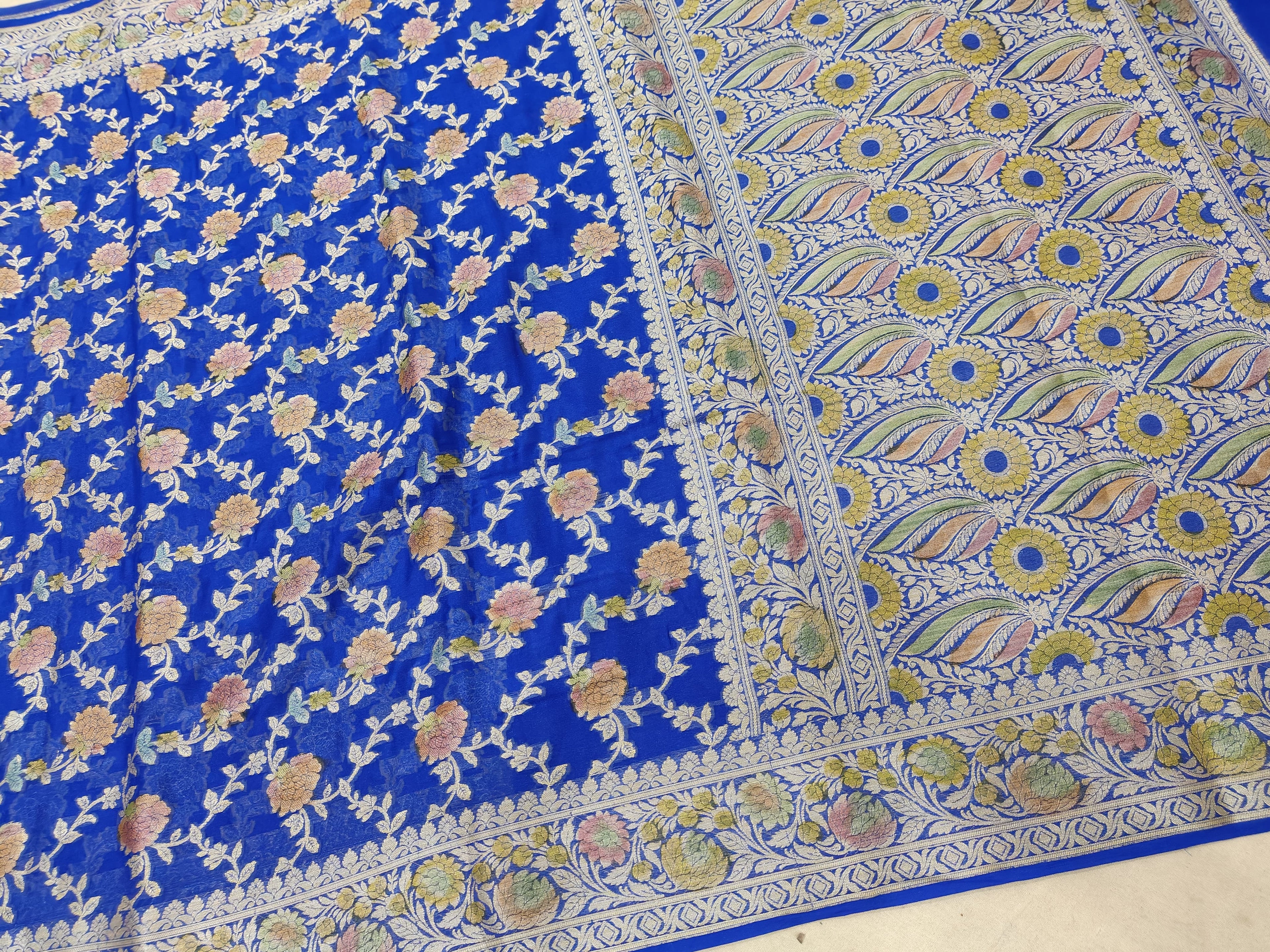 PURE CHIFFON SILK HAND-BRUSH WORK WITH JUNGLA WOVEN BANARASI SAREE/ ROYAL BLUE