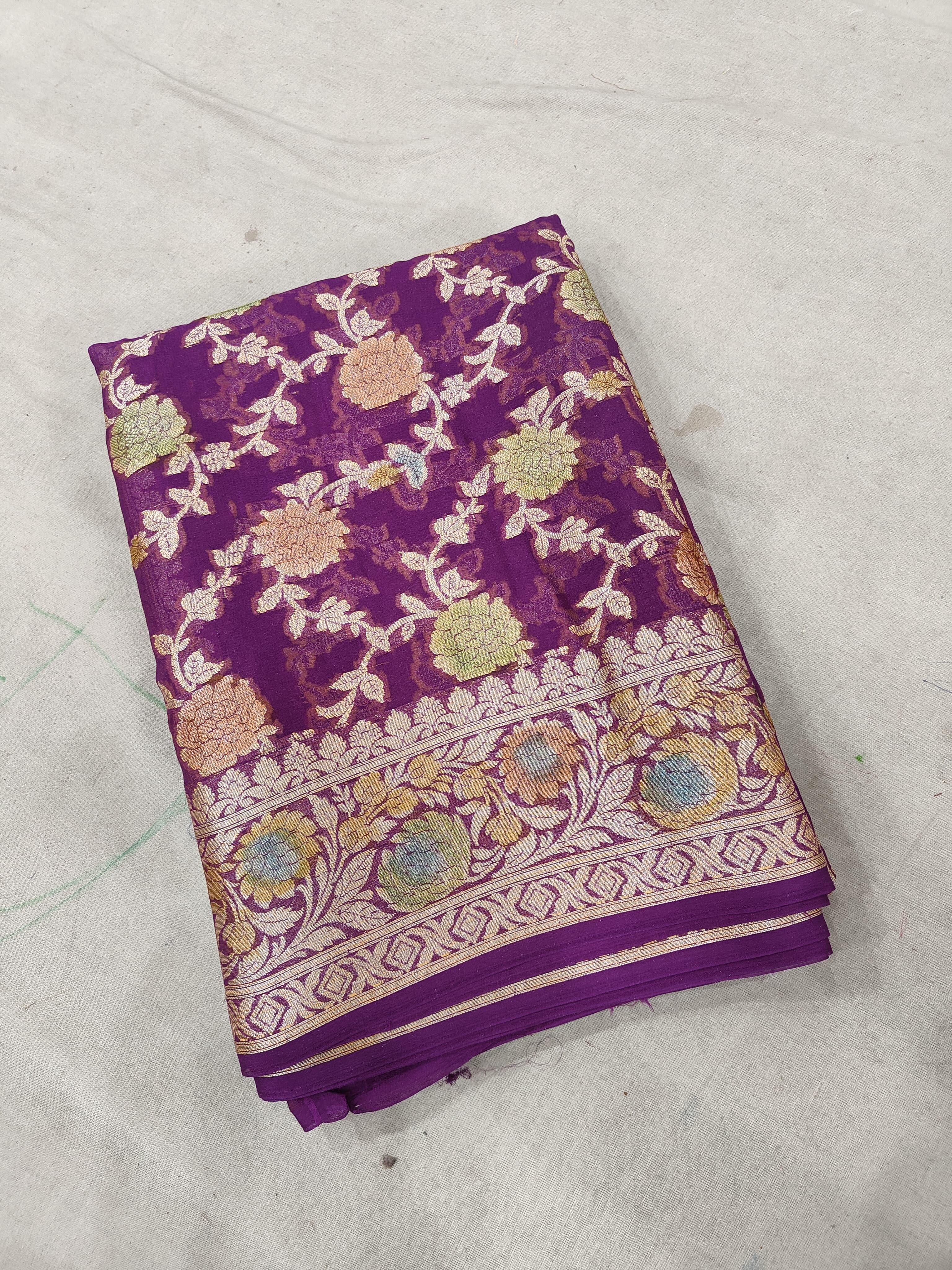 PURE CHIFFON SILK BANARASI HAND-BRUSH WORK WOVEN SAREE/ PURPLE