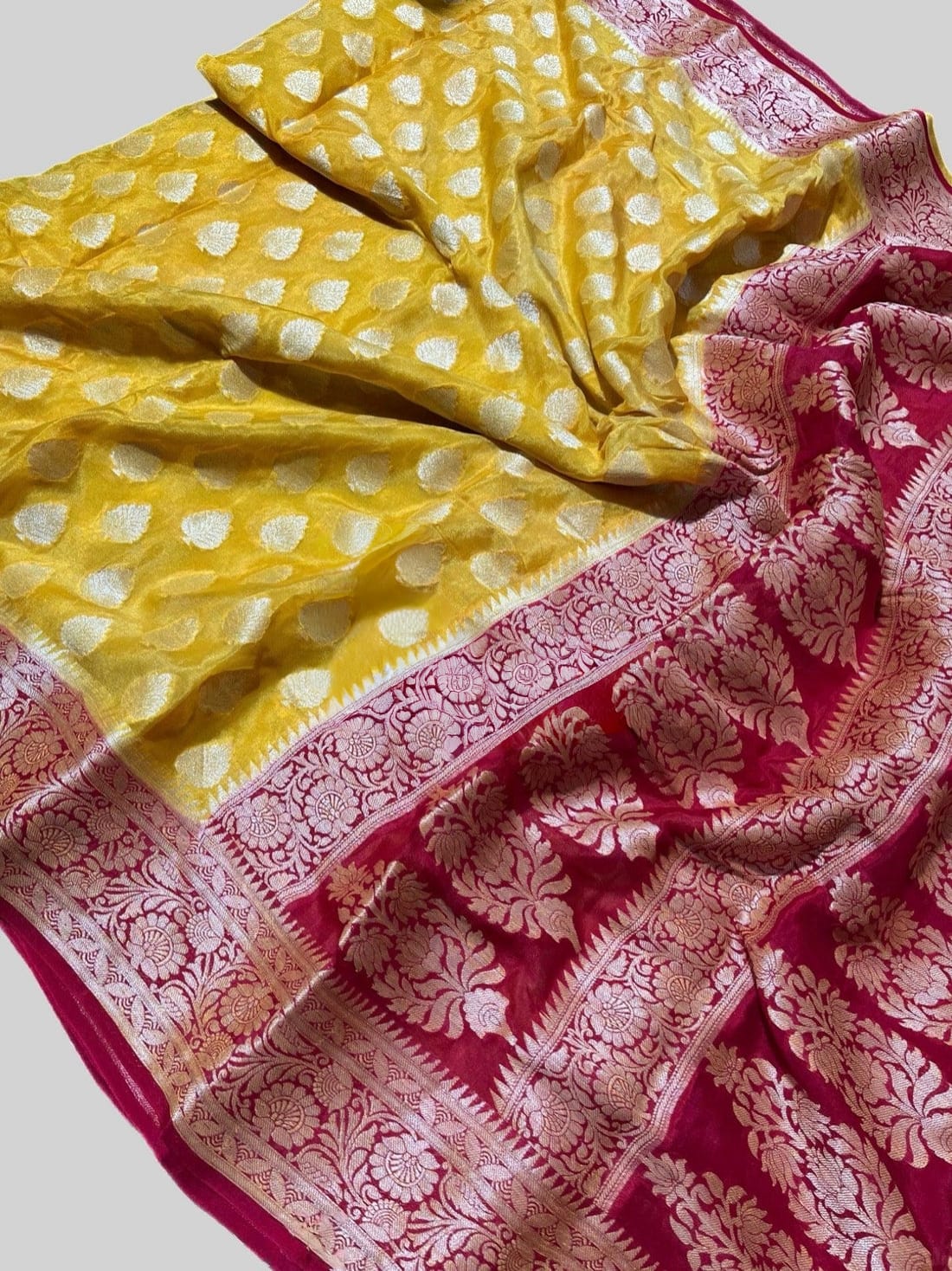 PURE CHIFFON SILK BANARASI SAREE WITH BUTA WOVEN / YELLOW
