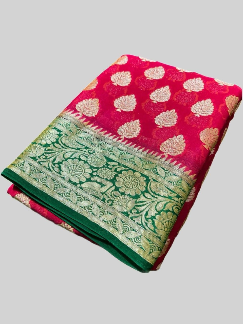 PURE CHIFFON SILK BANARASI SAREE WITH BUTA WOVEN / STRAWBERRY-GREEN