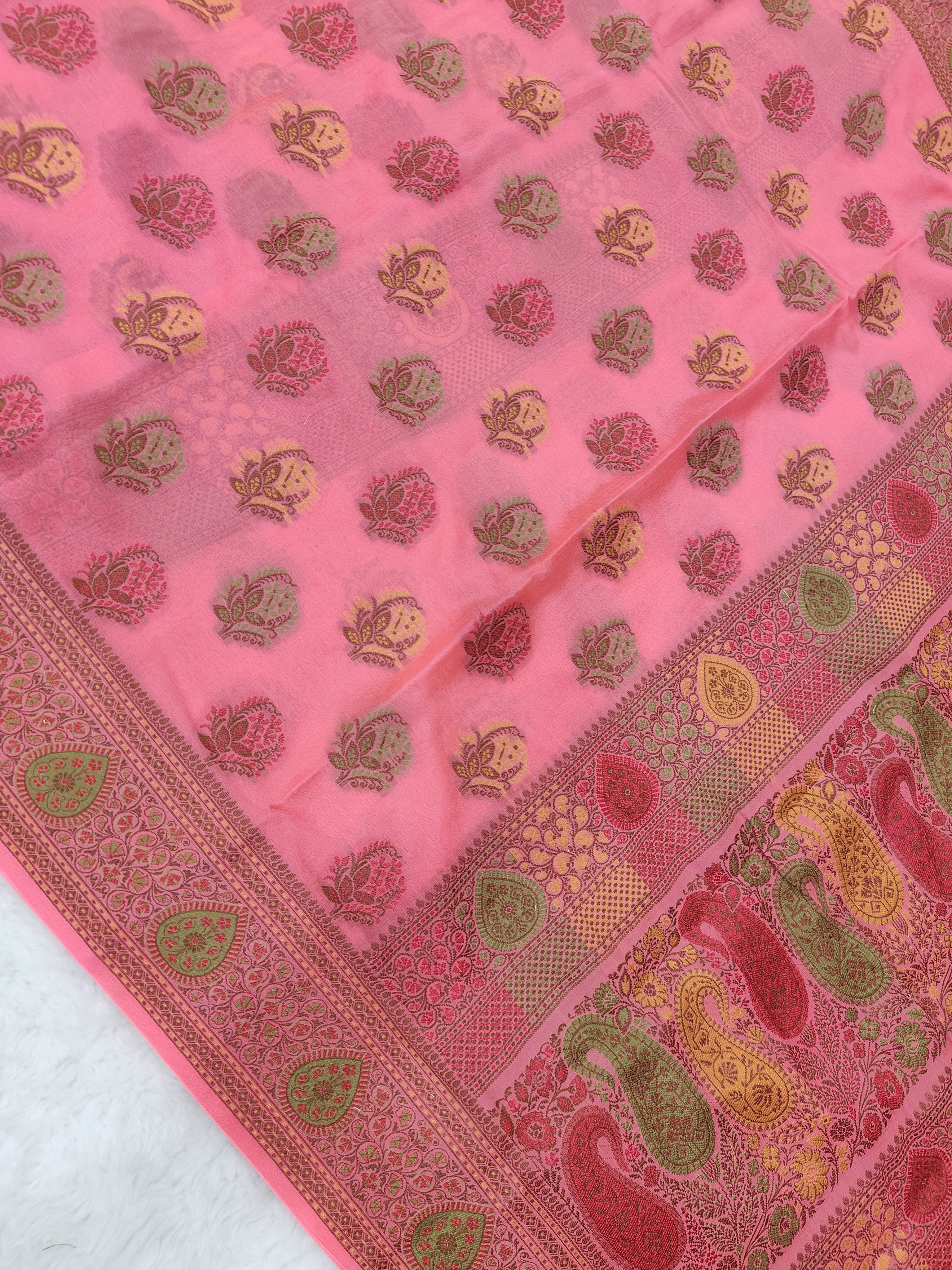 PURE CHIFFON SILK TILFE JUNGLA MEENA BUTI BANARASI SAREE/ FRESH PINK