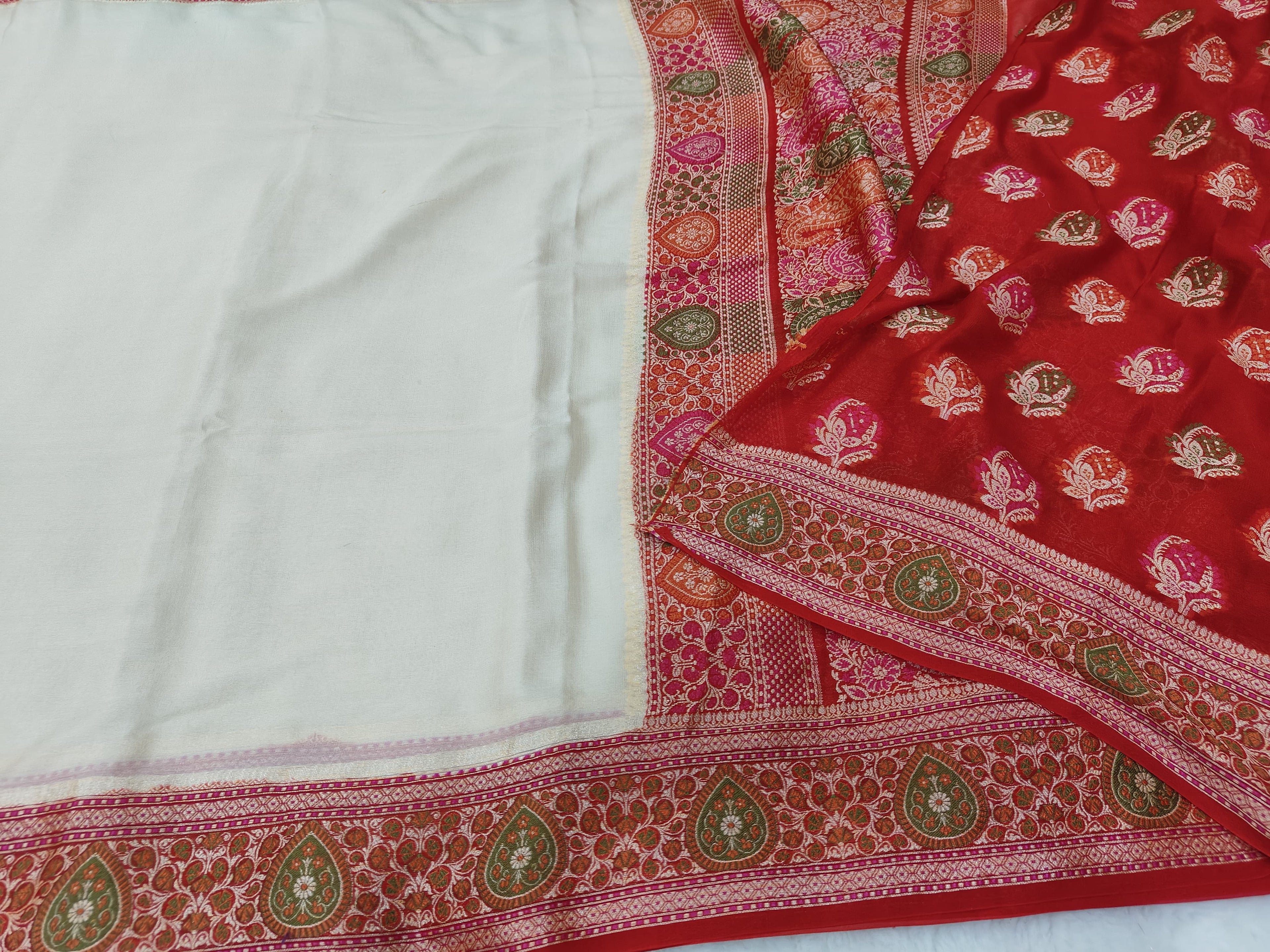 PURE CHIFFON SILK BANARASI SAREE TILFEE MEENA WORK/ RED-WHITE