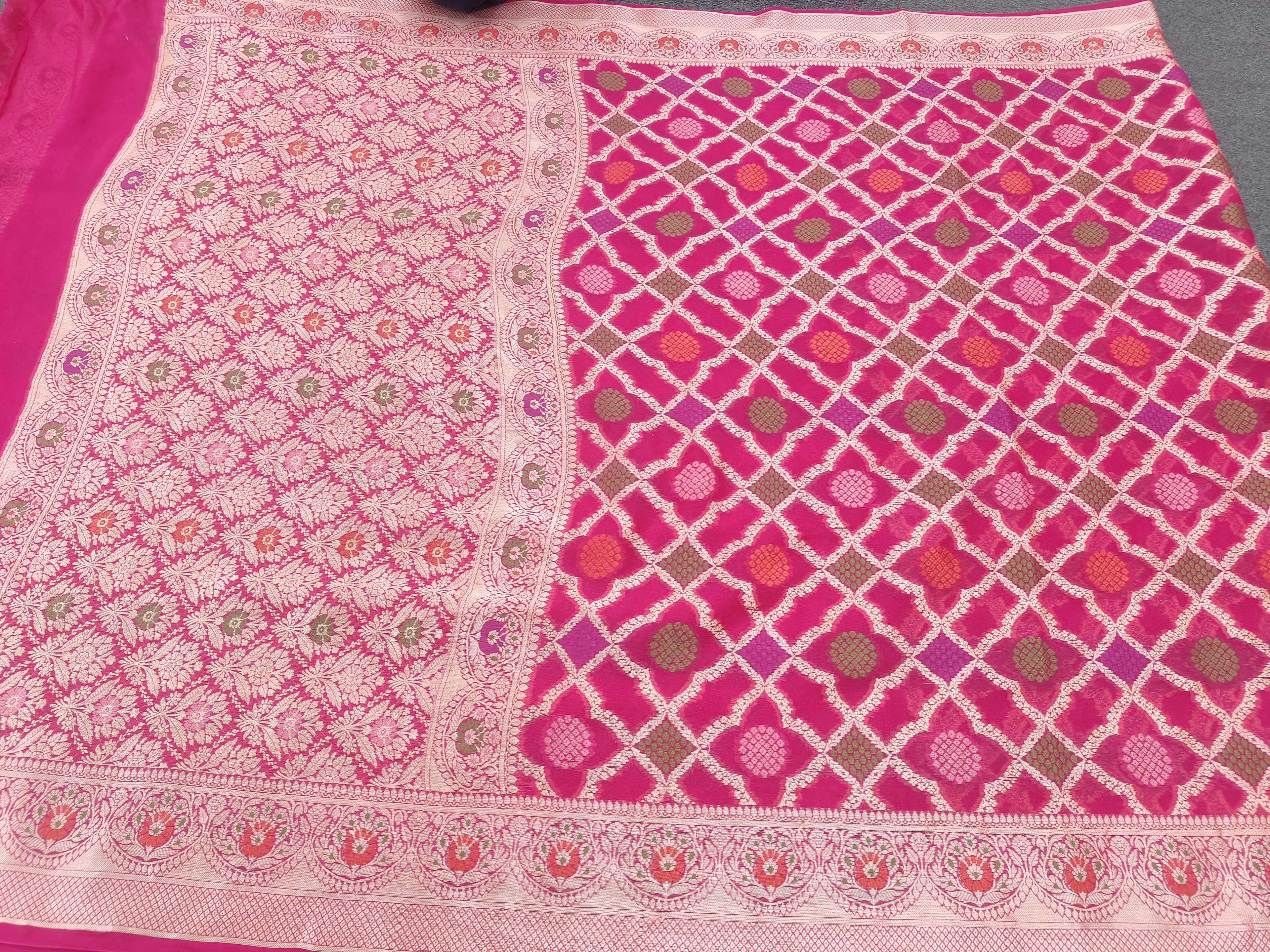PURE CHIFFON SILK TILFE JUNGLA MEENA BUTI BANARASI SAREE/ PINK