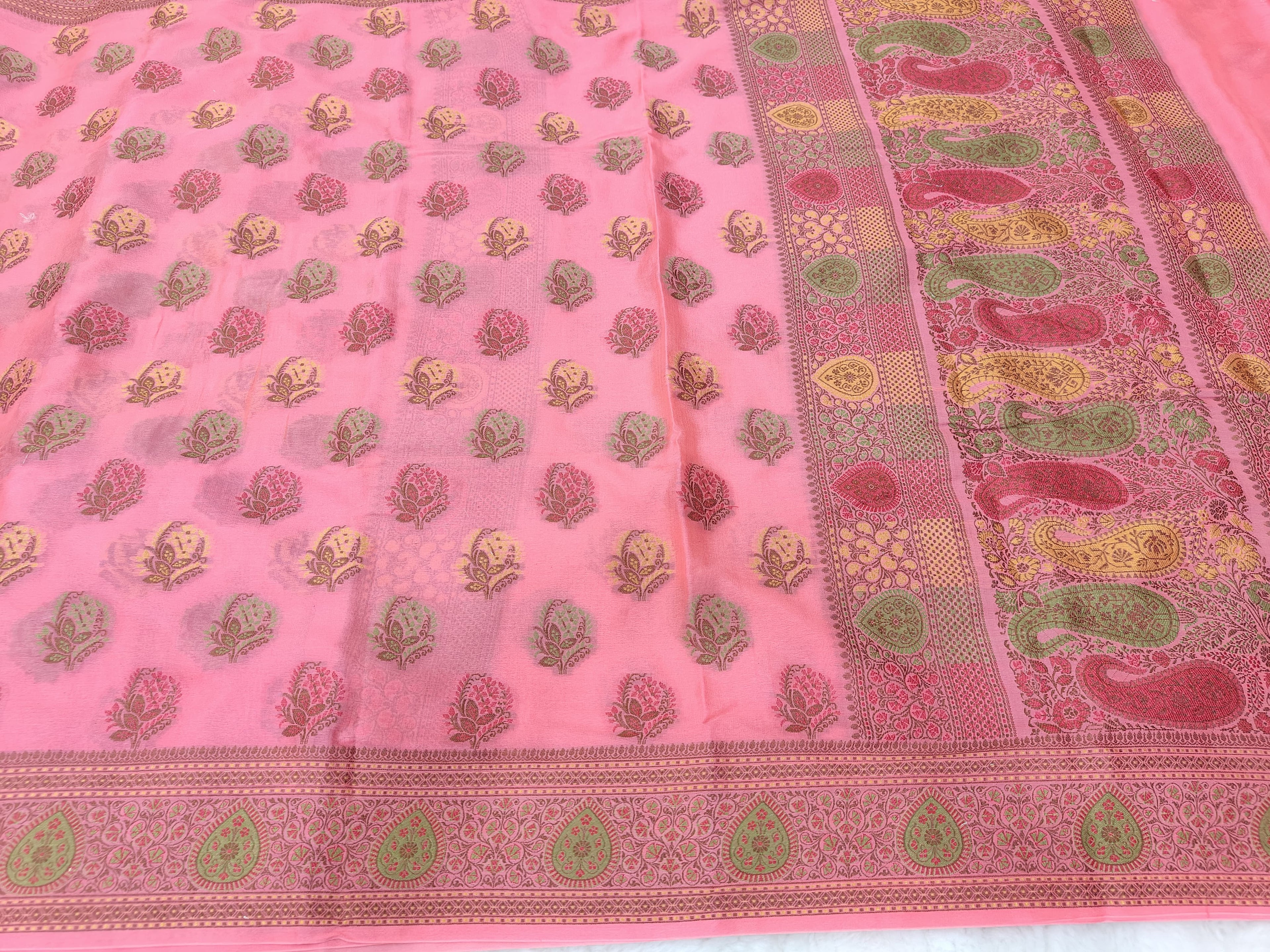 PURE CHIFFON SILK TILFE JUNGLA MEENA BUTI BANARASI SAREE/ FRESH PINK