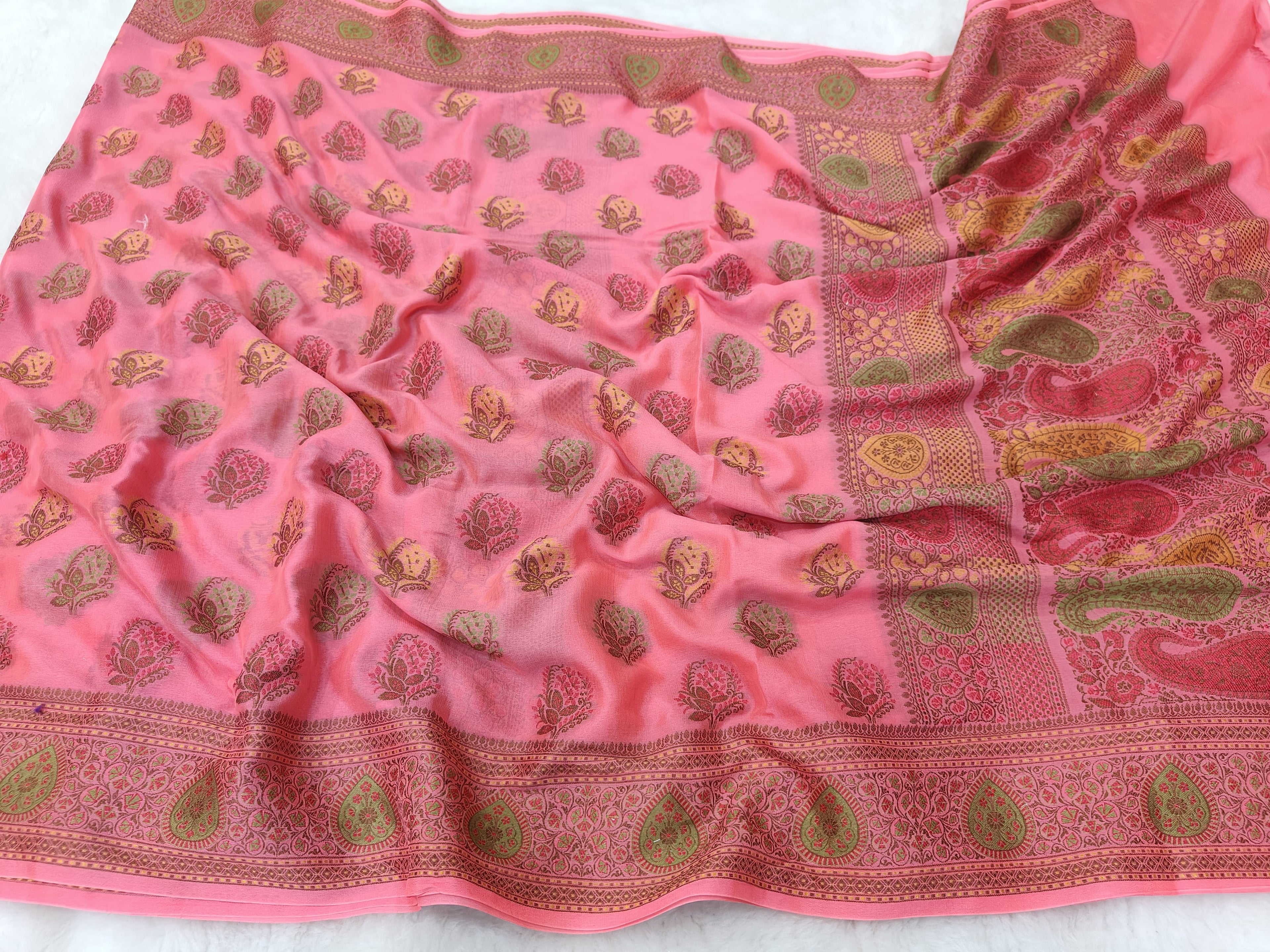 PURE CHIFFON SILK TILFE JUNGLA MEENA BUTI BANARASI SAREE/ FRESH PINK