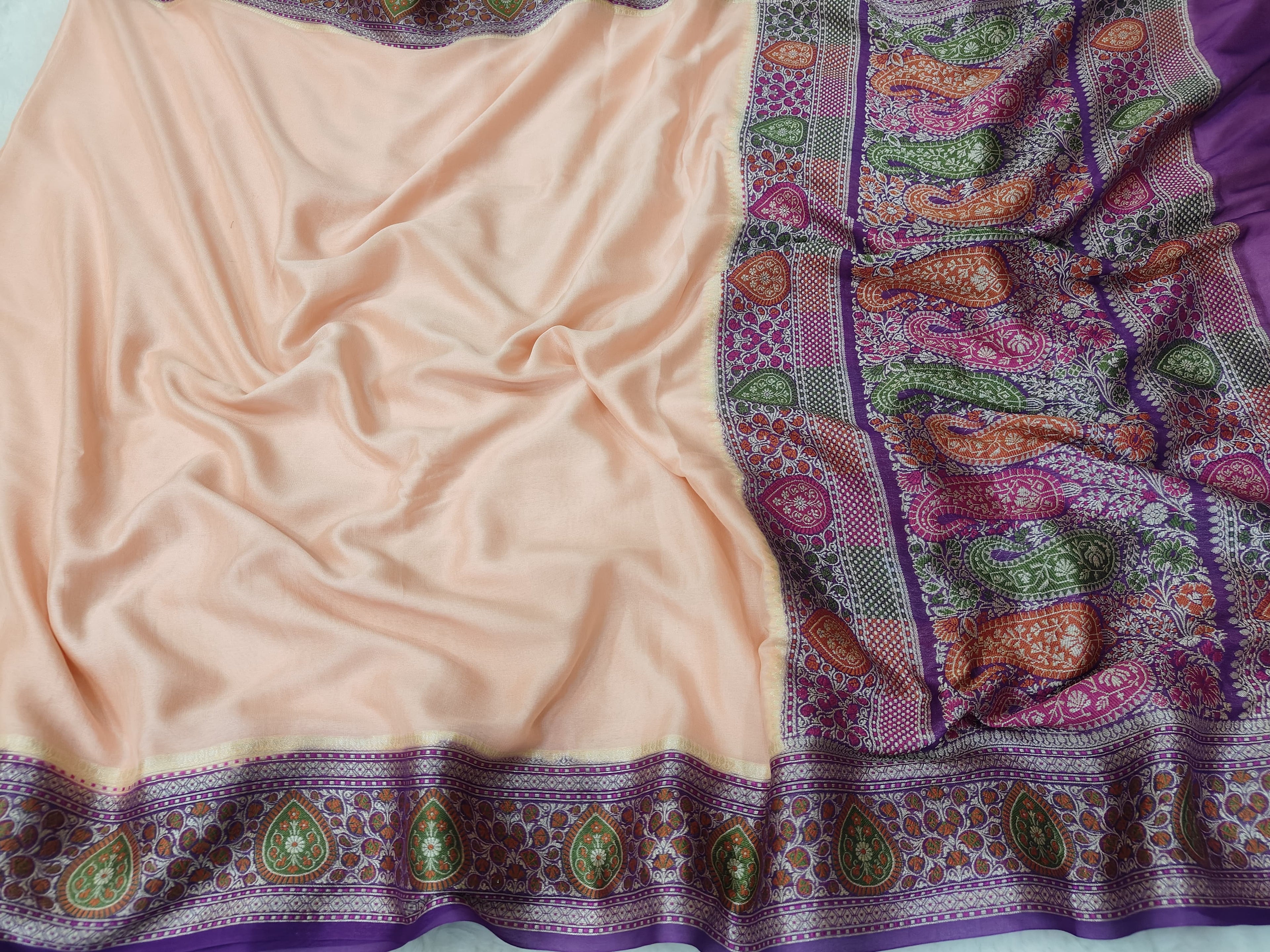 PURE CHIFFON SILK BANARASI SAREE TILFEE MEENA WORK/ PURPLE-CREAM