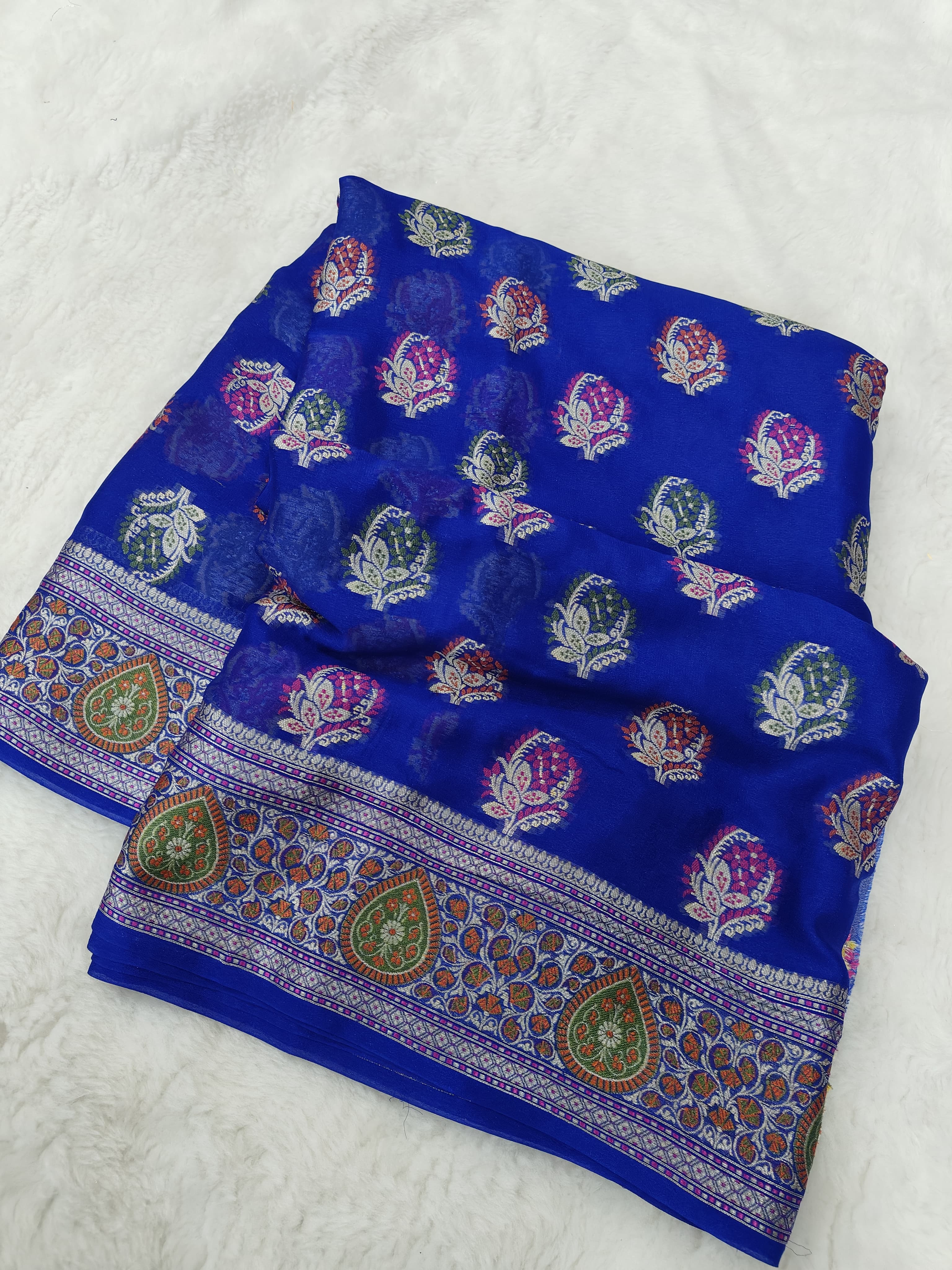 PURE CHIFFON SILK TILFE MEENA BUTI BANARASI SAREE/ ROYAL BLUE