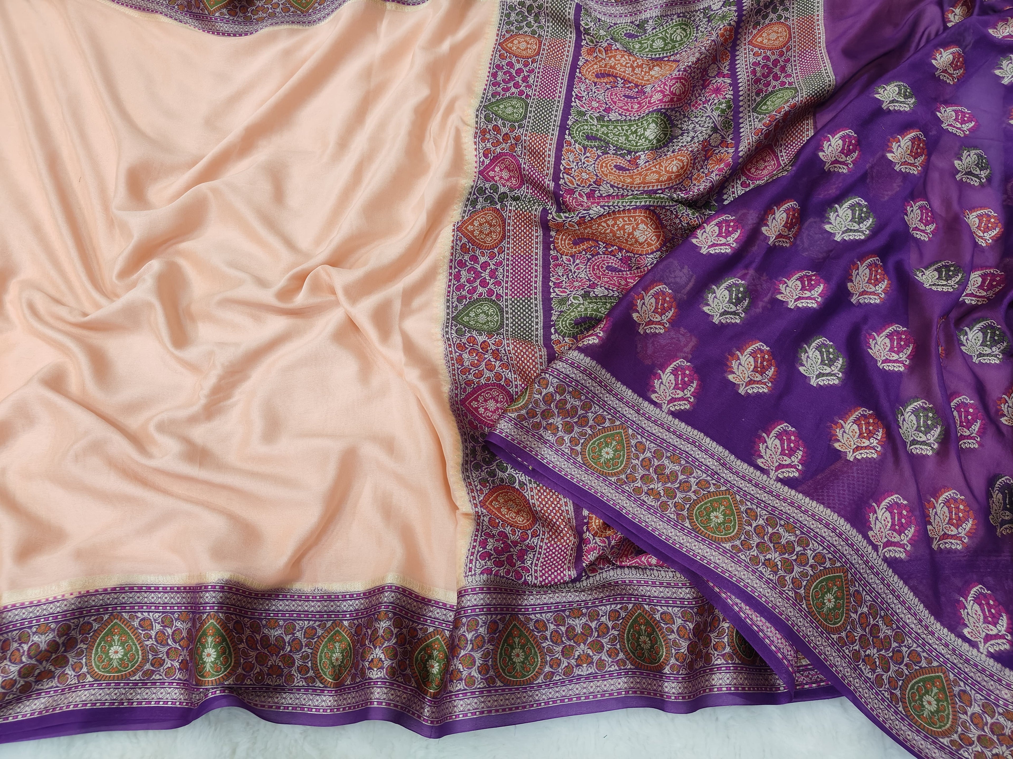 PURE CHIFFON SILK BANARASI SAREE TILFEE MEENA WORK/ PURPLE-CREAM